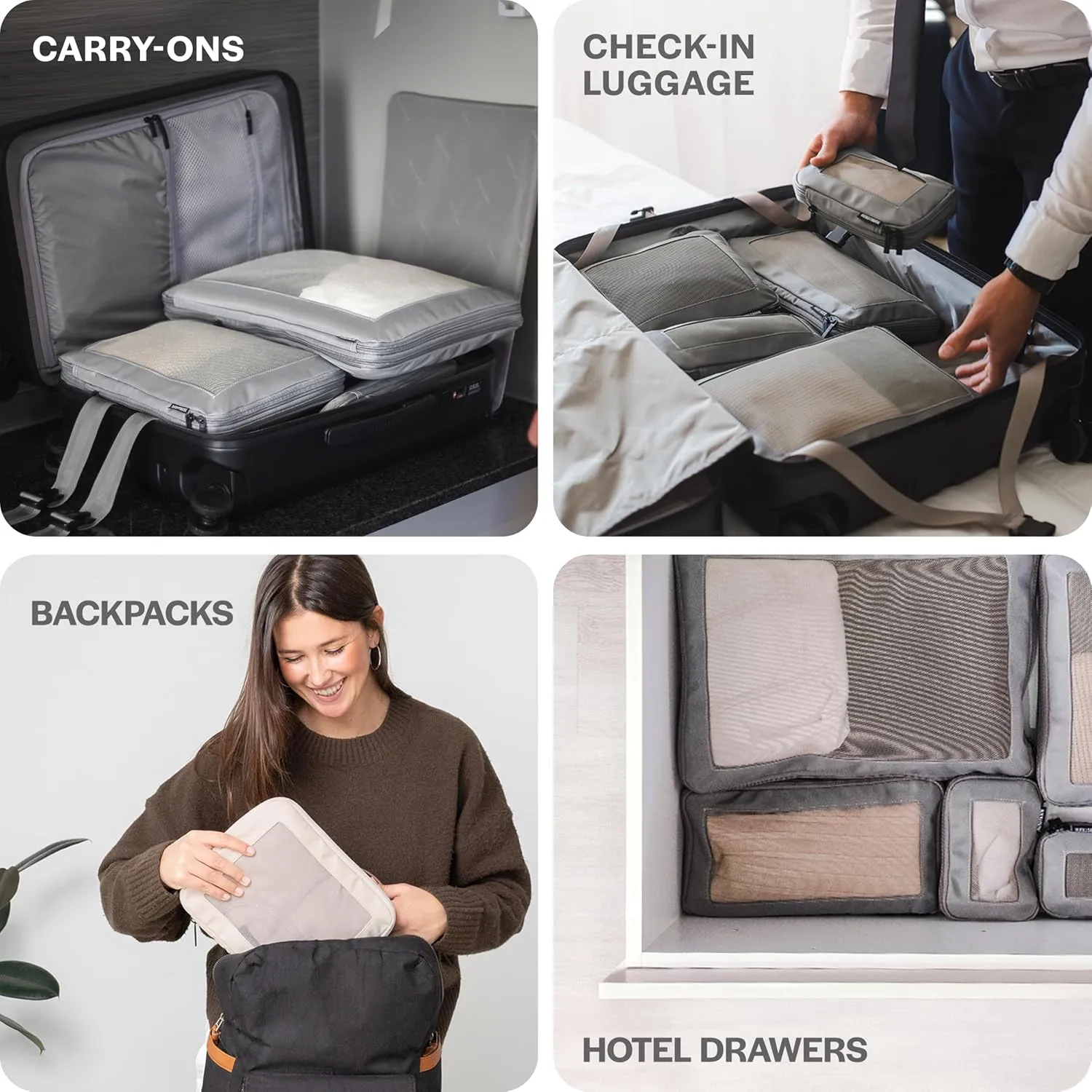 Compression Packing Cubes for Travel - Luggage Organizer Bags - Double Zipper Packing Cubes for Suitcases (6-Pack, Beige)