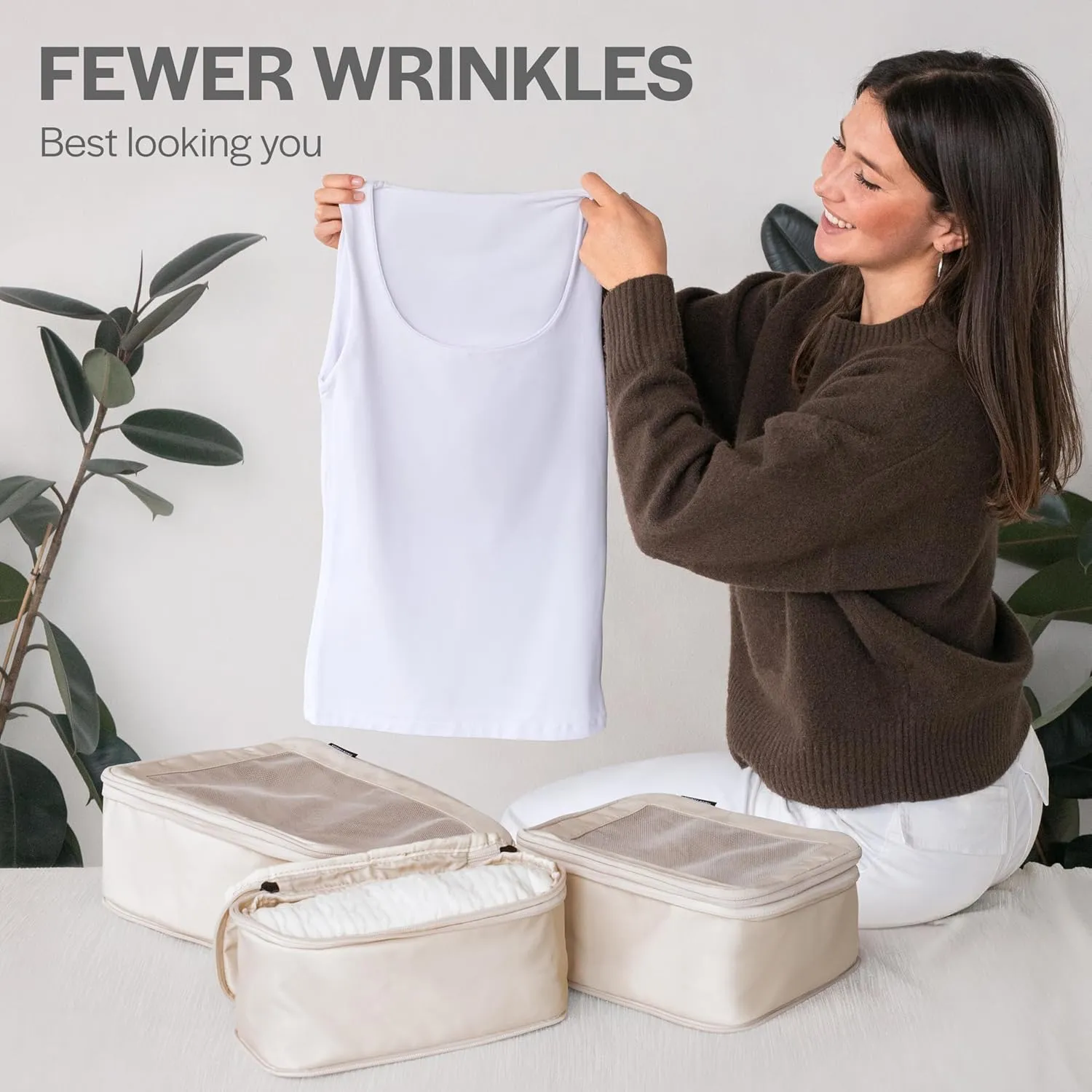 Compression Packing Cubes for Travel - Luggage Organizer Bags - Double Zipper Packing Cubes for Suitcases (6-Pack, Beige)