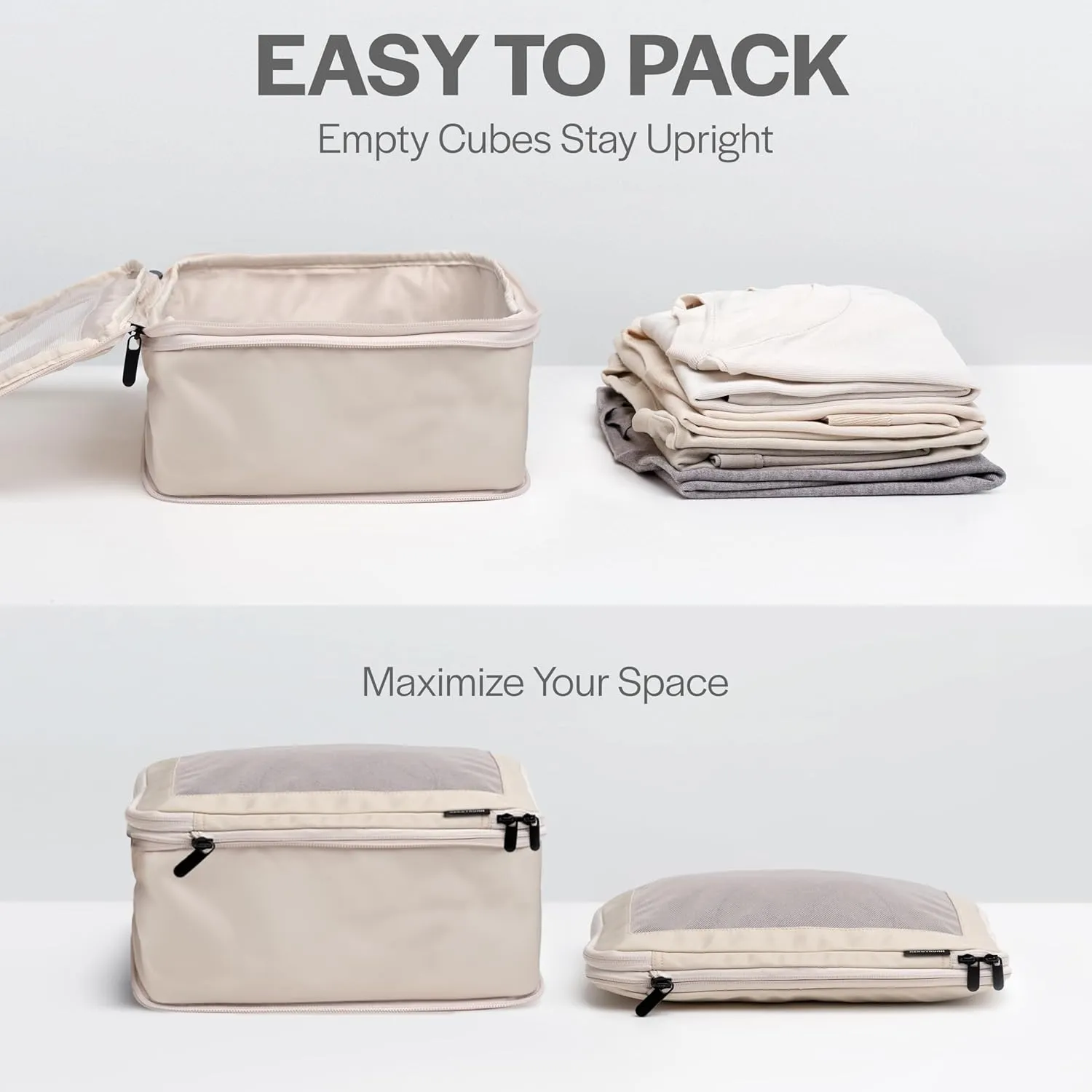 Compression Packing Cubes for Travel - Luggage Organizer Bags - Double Zipper Packing Cubes for Suitcases (6-Pack, Beige)