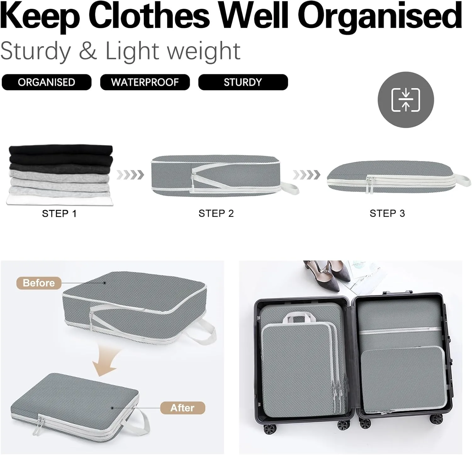 Compression Packing Cubes for Travel,Waterproof Packing Compression Cubes for Travel Packing Organizers,Luggage Cubes for Packing,Ultralight Expandable Packing Cubes Compression (Grey 5 Pack)