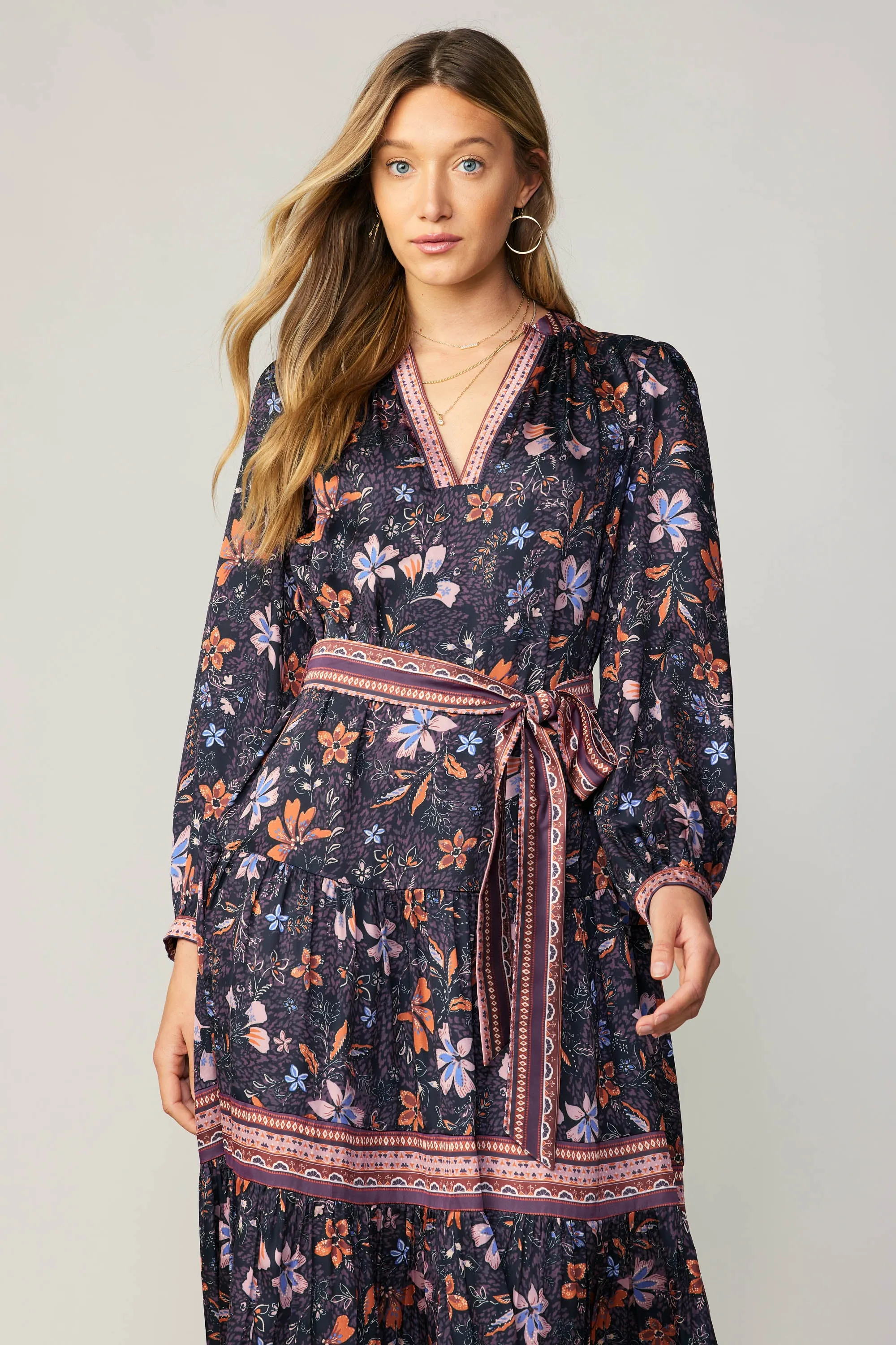 Contrast Stripe Floral Midi Dress