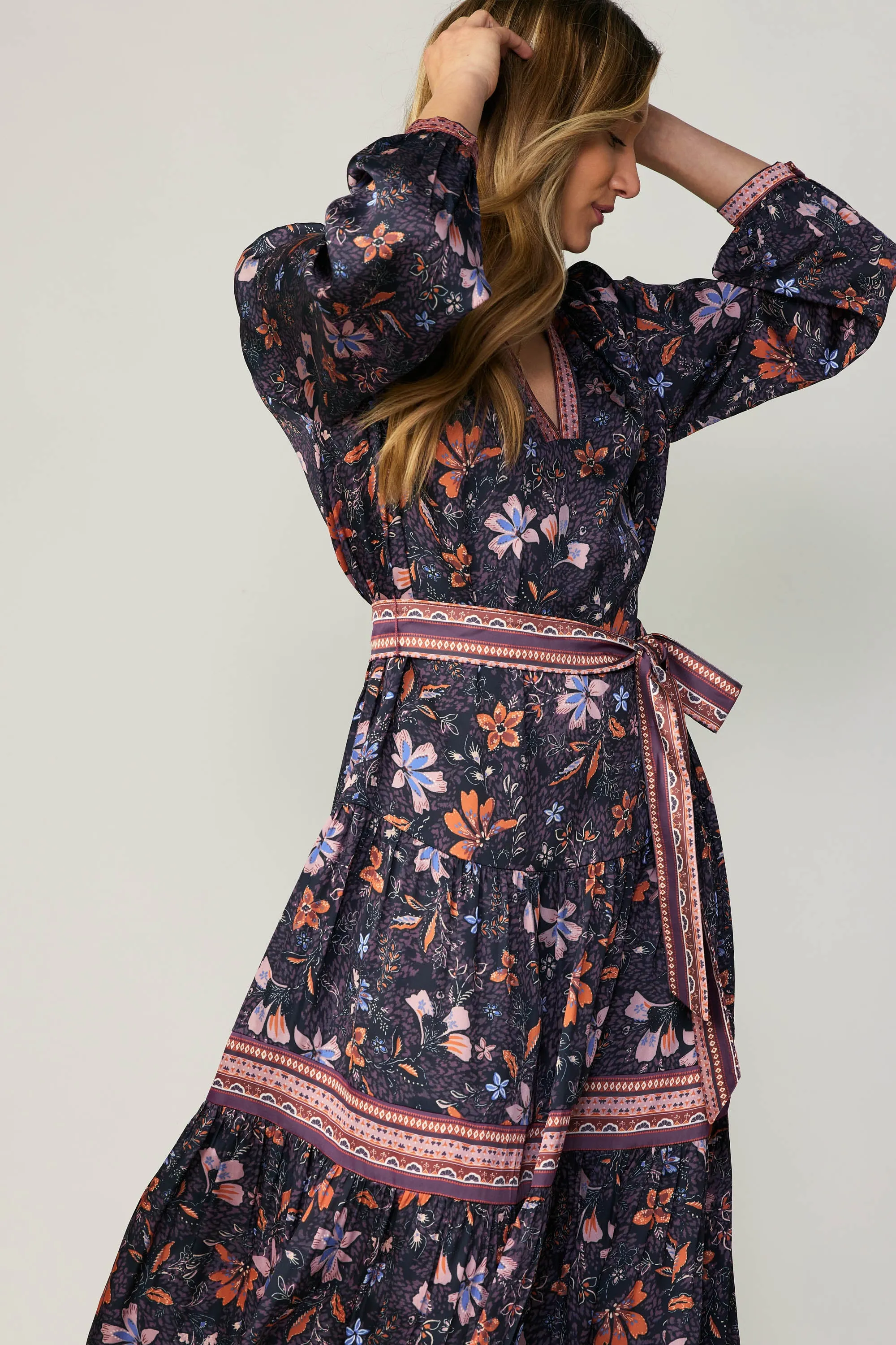Contrast Stripe Floral Midi Dress