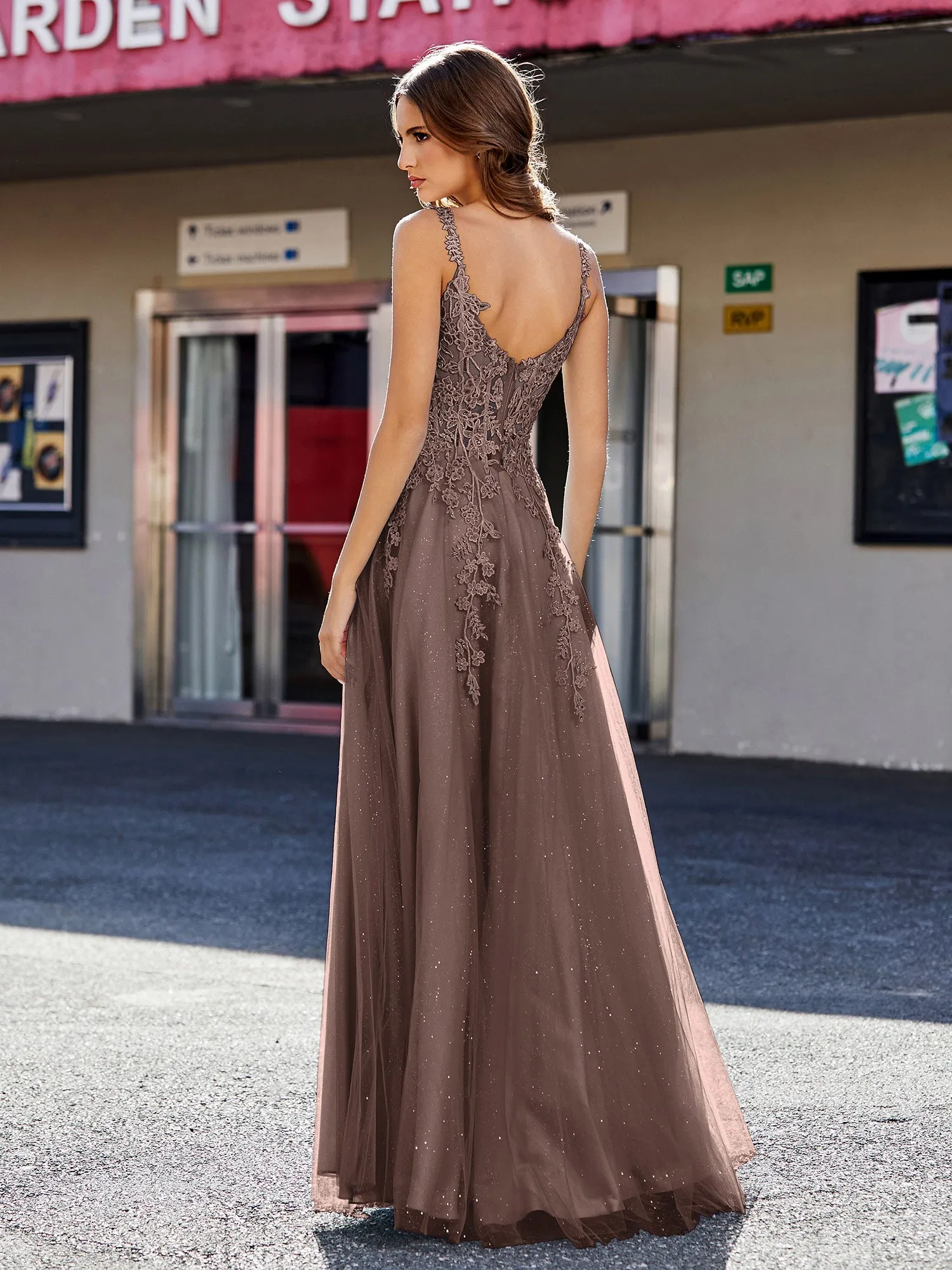 Corset Bodice A Line Tulle Gown Chocolate