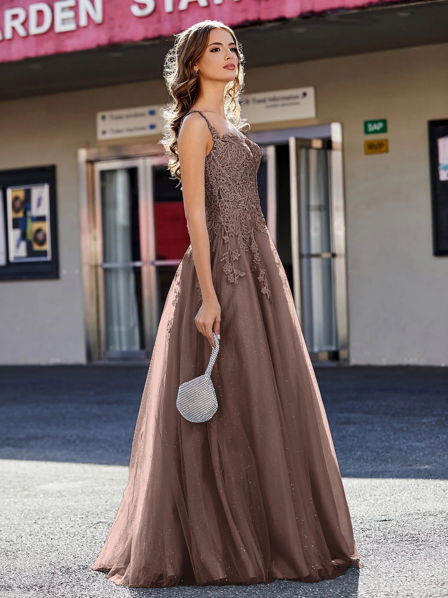 Corset Bodice A Line Tulle Gown Chocolate