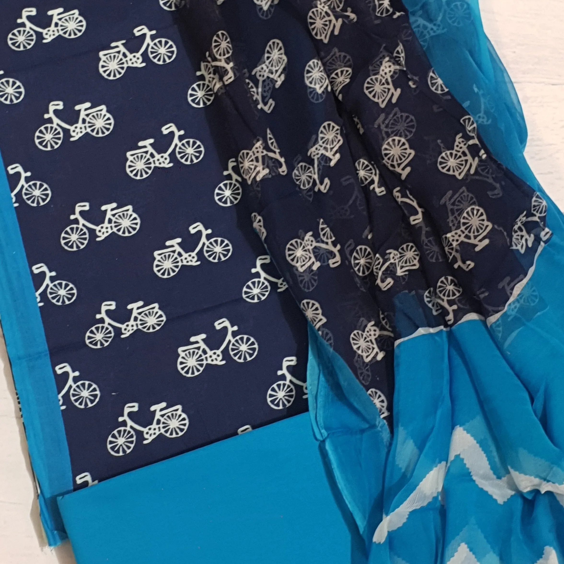 Cotton Block Print Dress material with Chiffon Dupatta