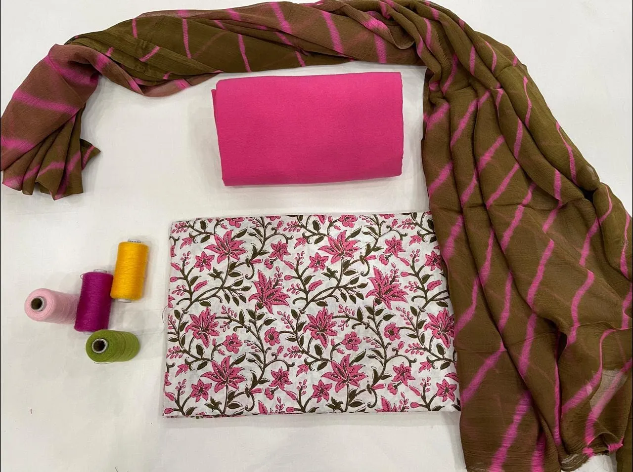 Cotton Dress Material with Lehariya Chiffon Dupatta