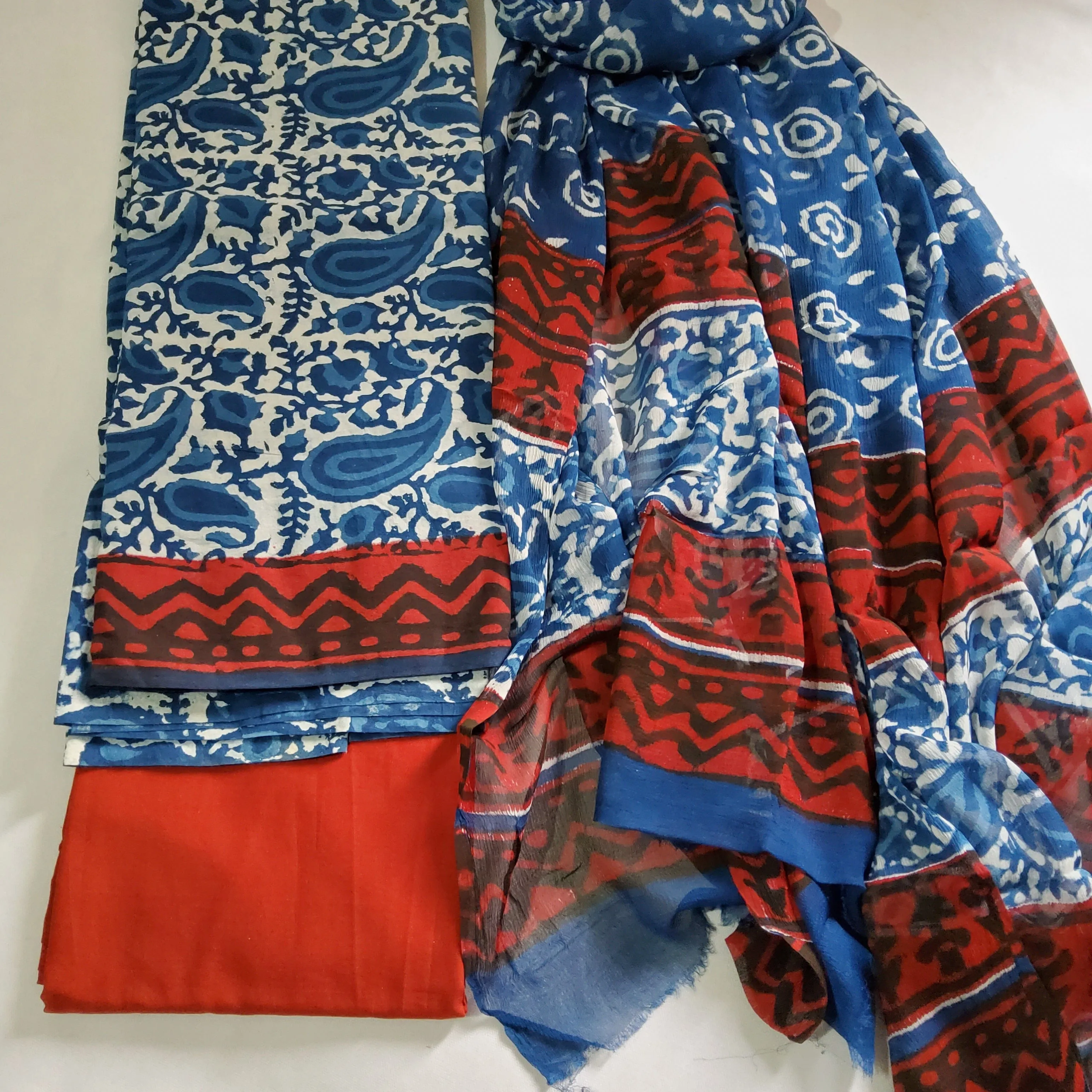 Cotton Hand BlockPrint Dress Material with Chiffon Dupatta