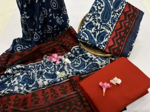 Cotton Hand BlockPrint Dress Material with Chiffon Dupatta