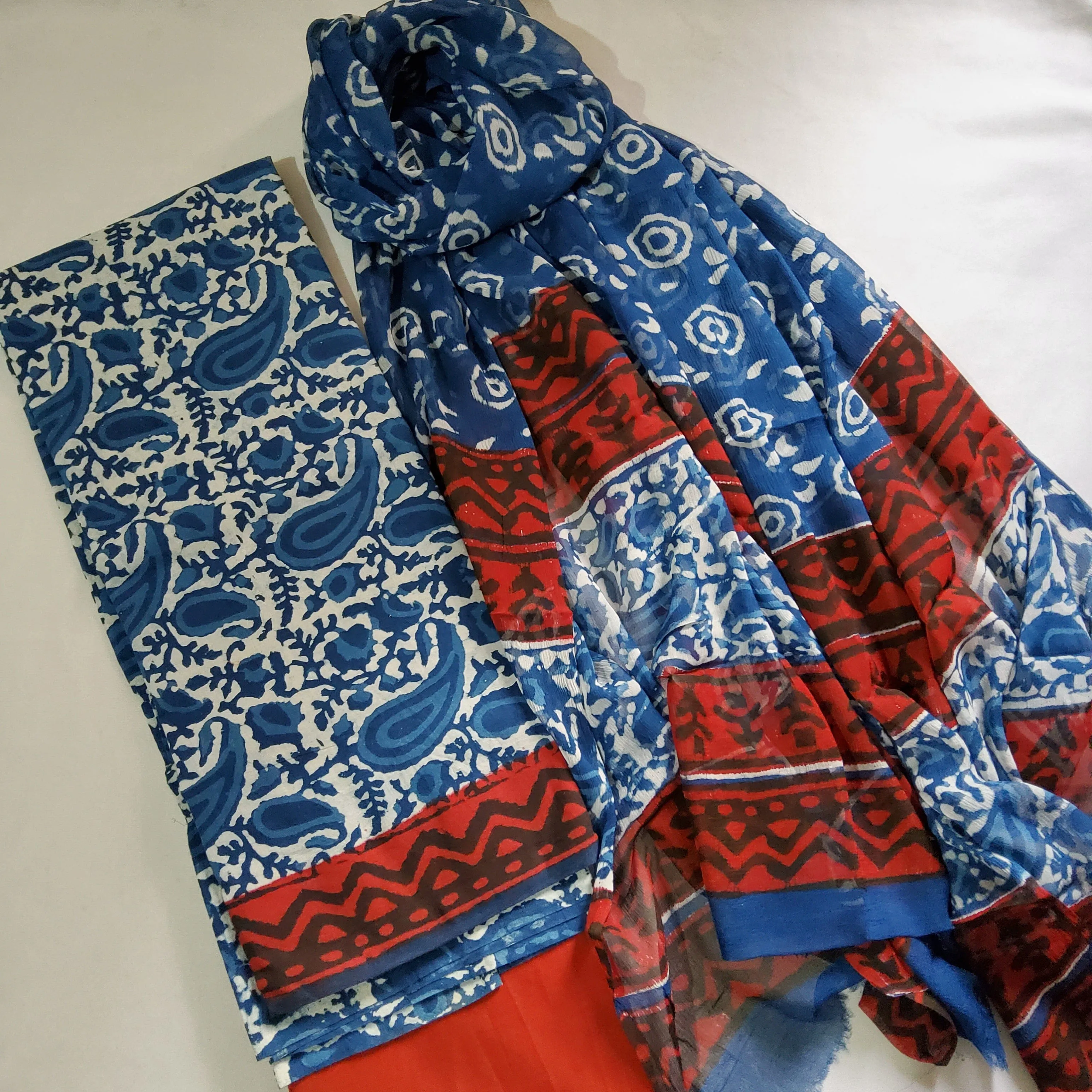 Cotton Hand BlockPrint Dress Material with Chiffon Dupatta