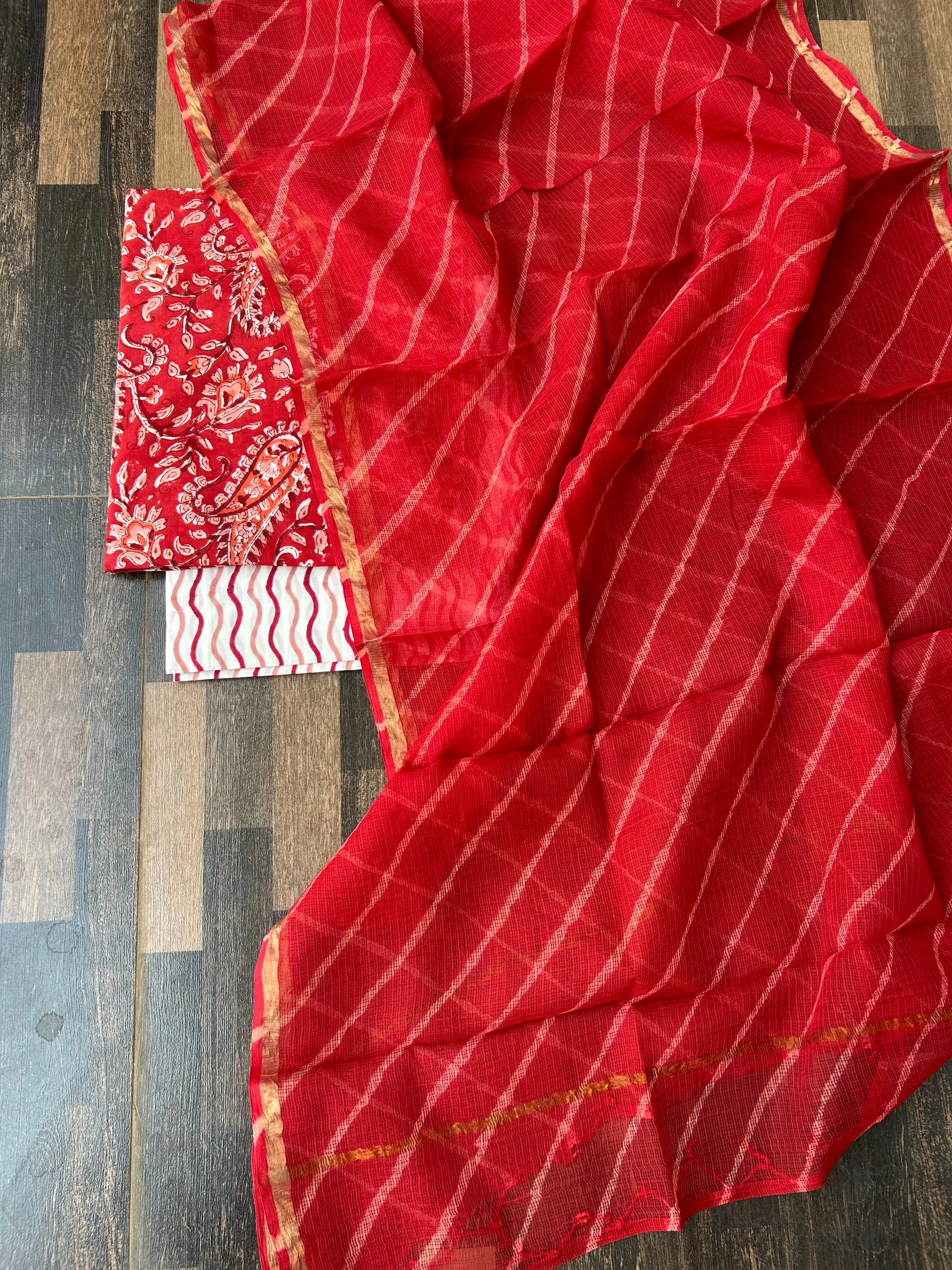 Cotton Hand BlockPrint Dress Material with Lehariya Kota Dupatta