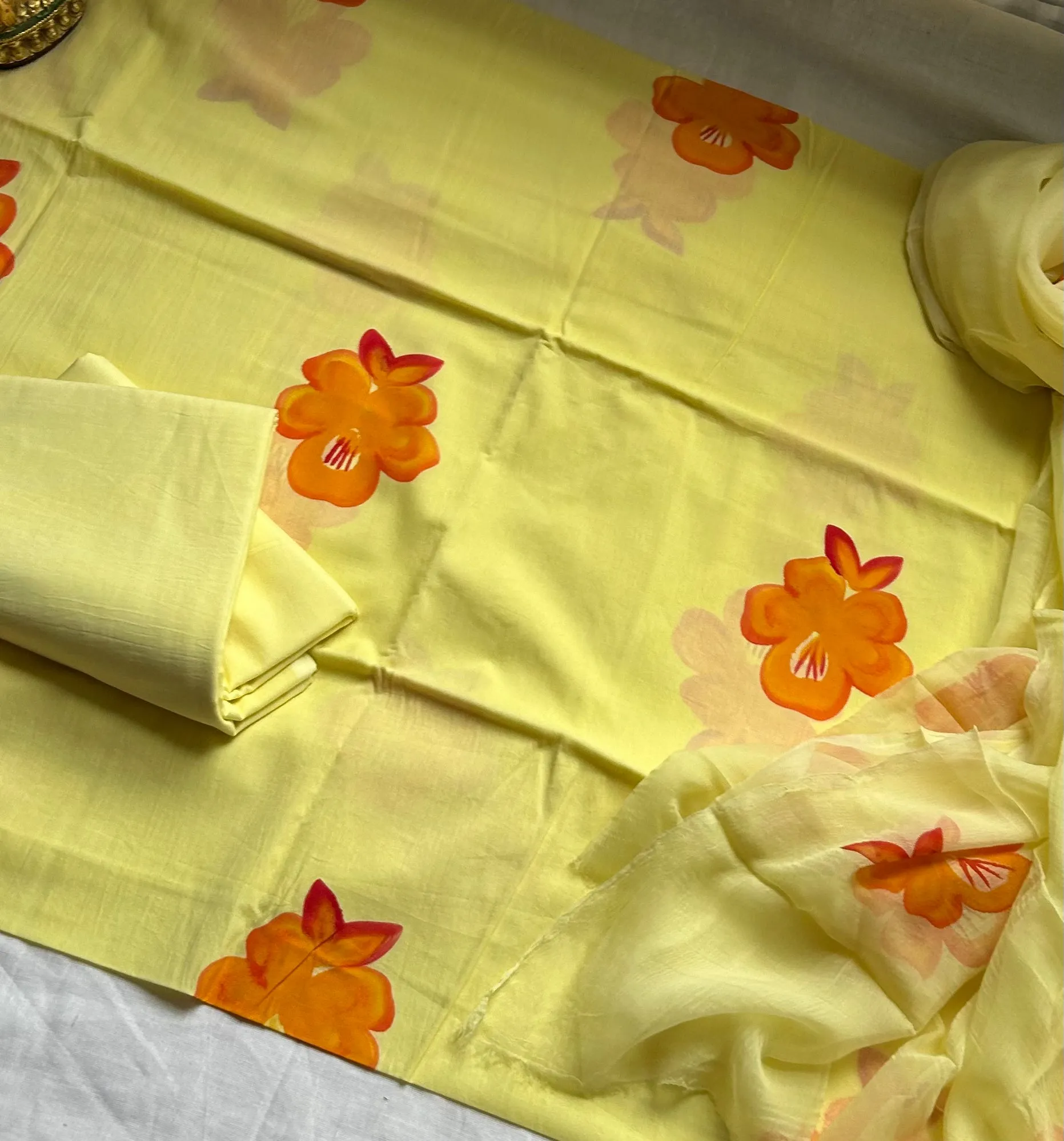Cotton Hand Painted Dress Material with Chiffon Dupatta