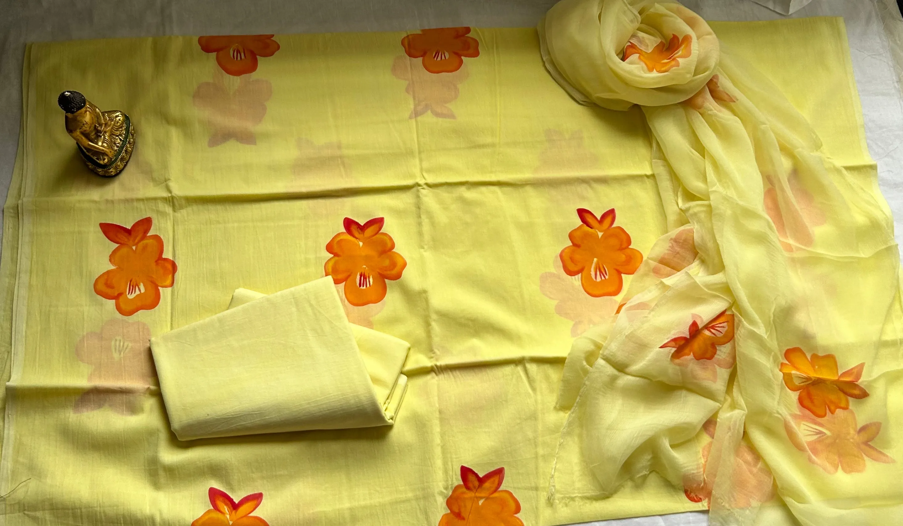 Cotton Hand Painted Dress Material with Chiffon Dupatta