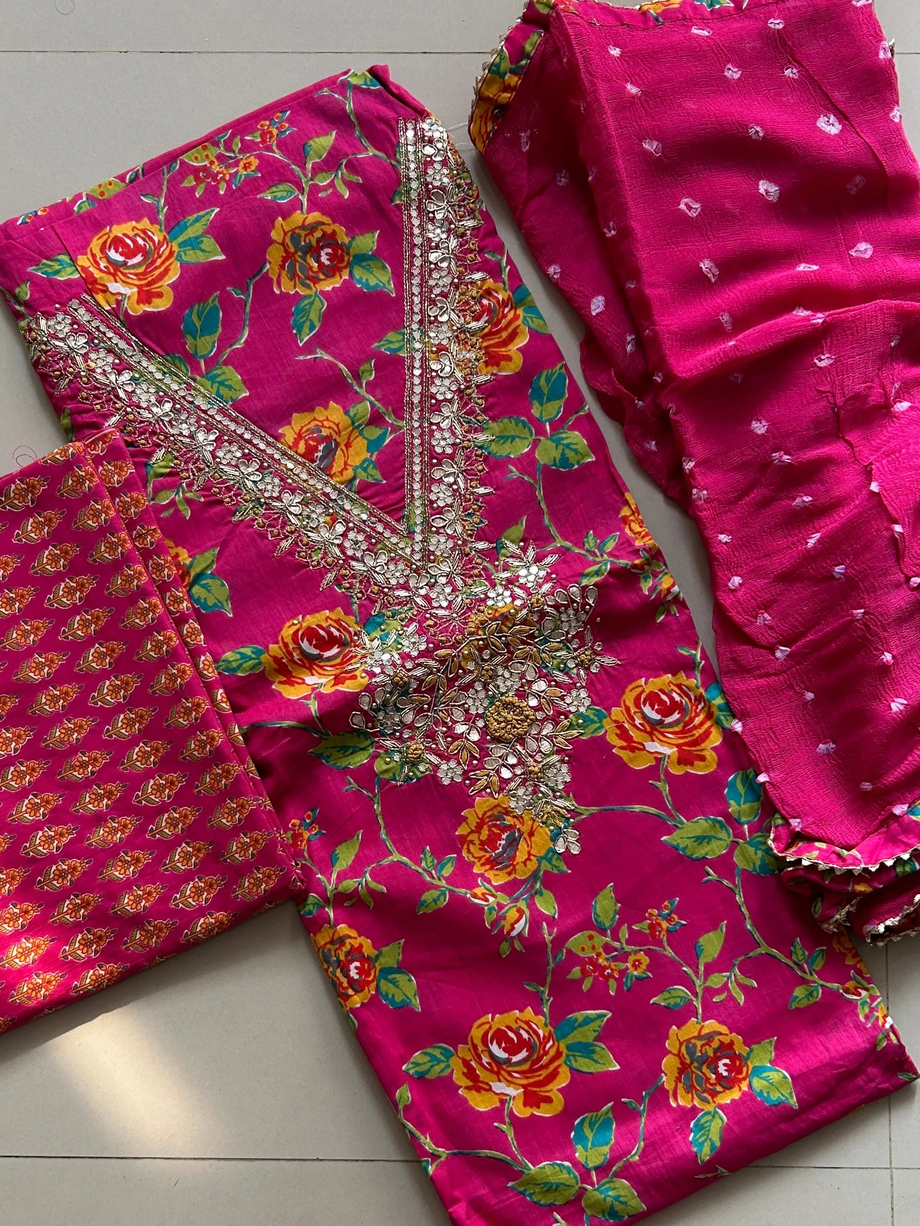Cotton Handwork Dress Material with Pure Chiffon Dupatta