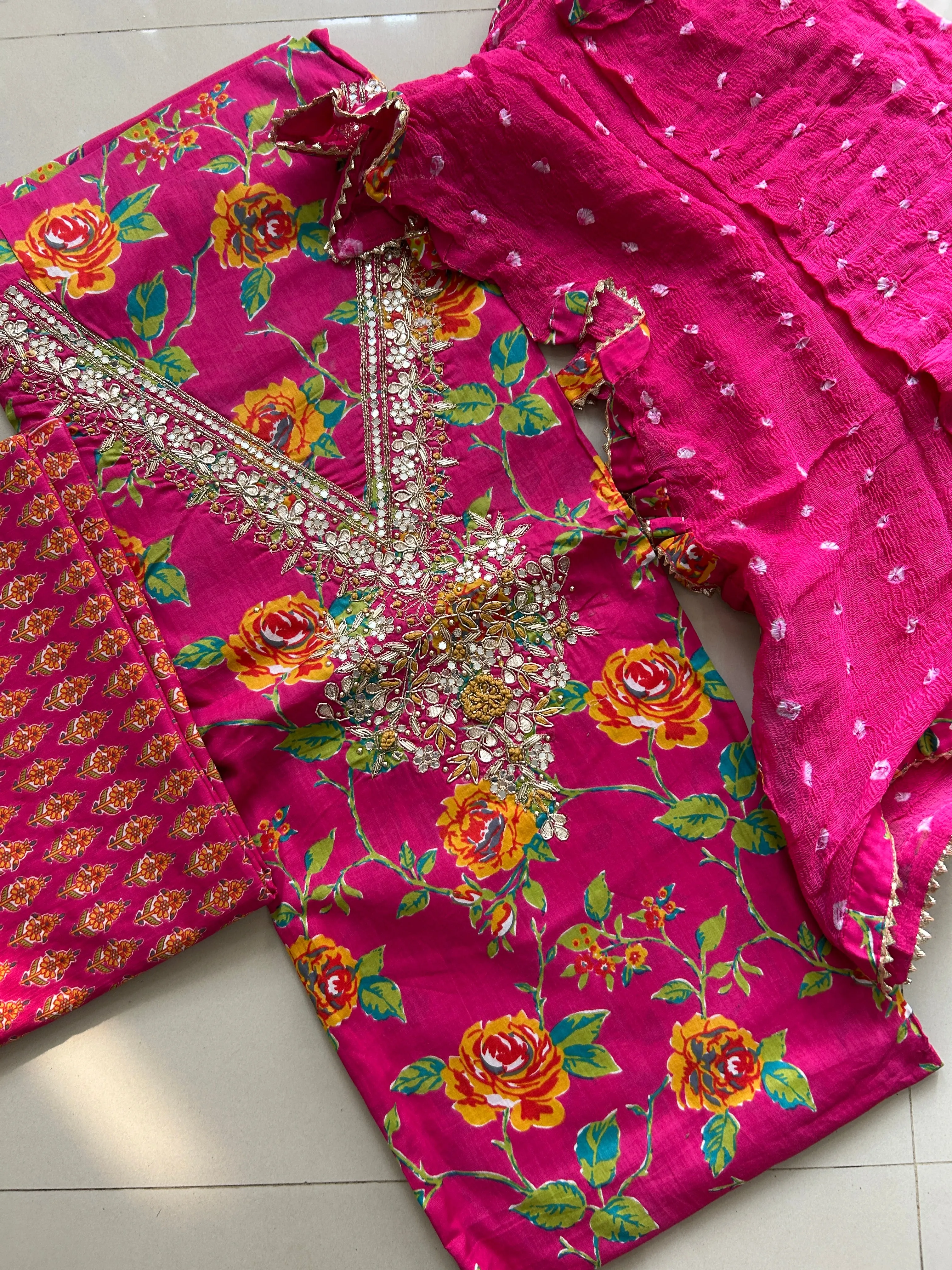 Cotton Handwork Dress Material with Pure Chiffon Dupatta