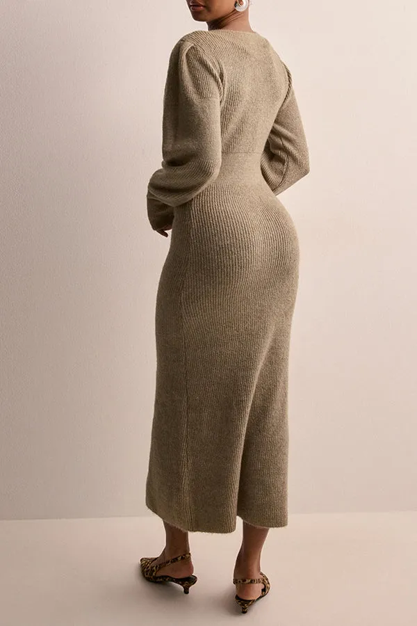 Cozy V-Neck Knit Rib-knit Midi Dress