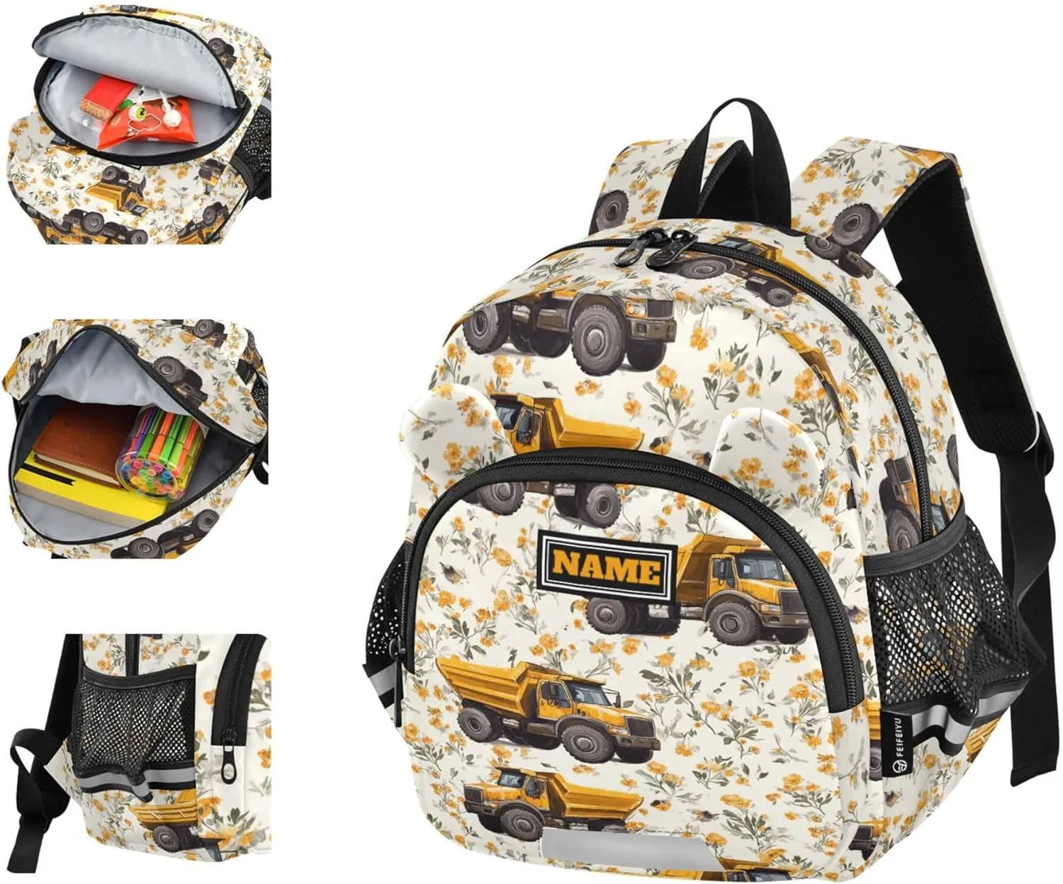 Custom Cute Ears Cute Kid Backpack Leash Kids Boy's/Girl's Anti-Lost Personalized Diaper Bag Backpack with Reflective Strip M Construction Truck Cartoon Dump Truck Flying Dust