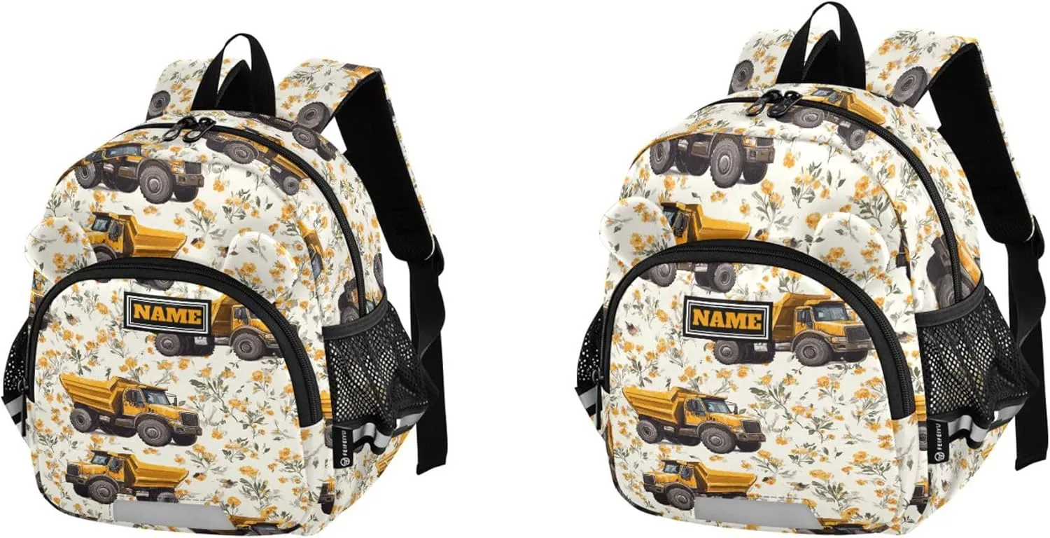 Custom Cute Ears Cute Kid Backpack Leash Kids Boy's/Girl's Anti-Lost Personalized Diaper Bag Backpack with Reflective Strip M Construction Truck Cartoon Dump Truck Flying Dust