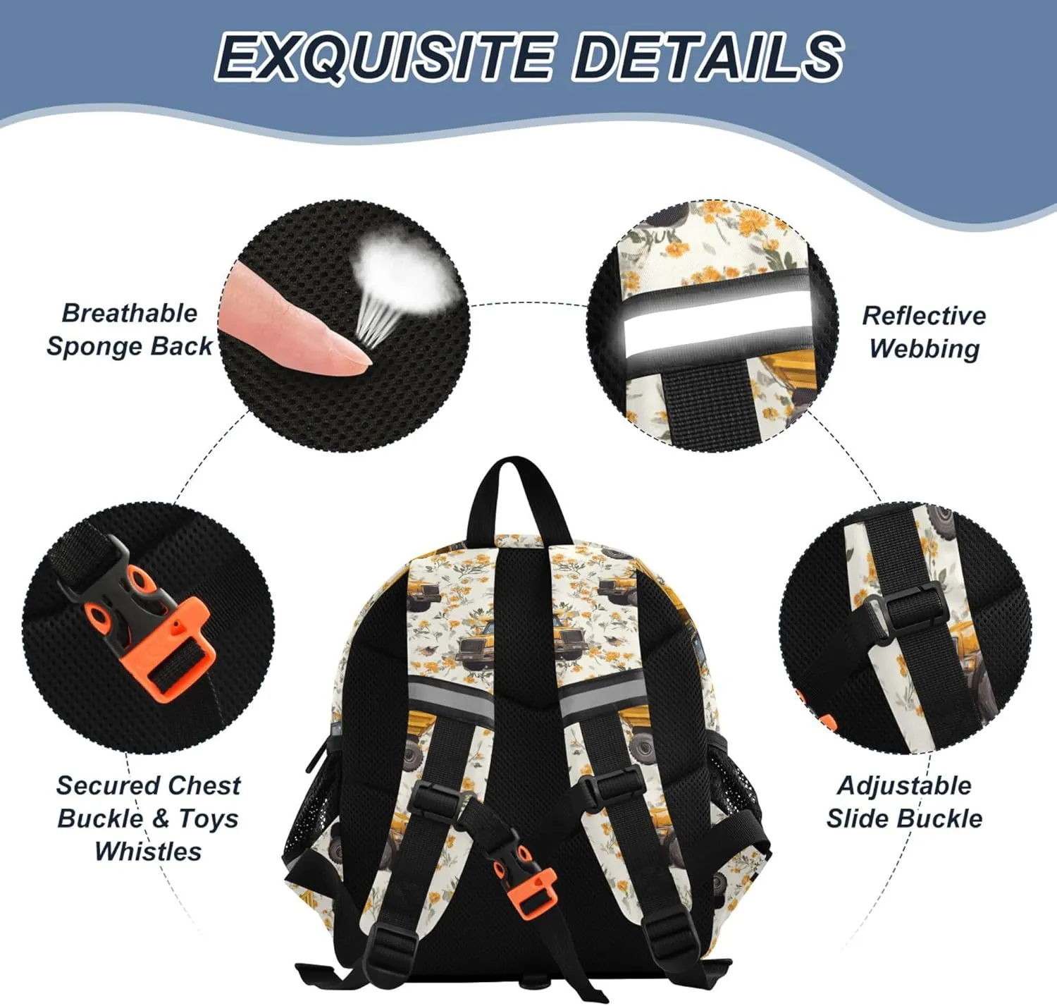 Custom Cute Ears Cute Kid Backpack Leash Kids Boy's/Girl's Anti-Lost Personalized Diaper Bag Backpack with Reflective Strip M Construction Truck Cartoon Dump Truck Flying Dust