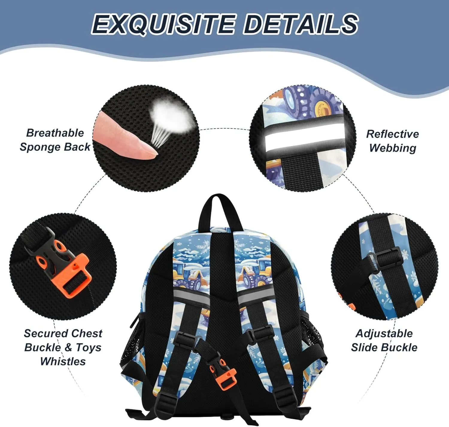 Custom Cute Ears Kids Backpacks Leash Kids Boy's/Girl's Anti-Lost Personalized Daycare Diaper Bag with Reflective Strip M Construction Truck Cartoon Bulldozer Snowflake