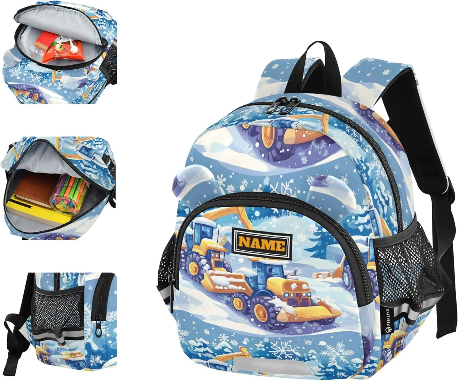 Custom Cute Ears Kids Backpacks Leash Kids Boy's/Girl's Anti-Lost Personalized Daycare Diaper Bag with Reflective Strip M Construction Truck Cartoon Bulldozer Snowflake