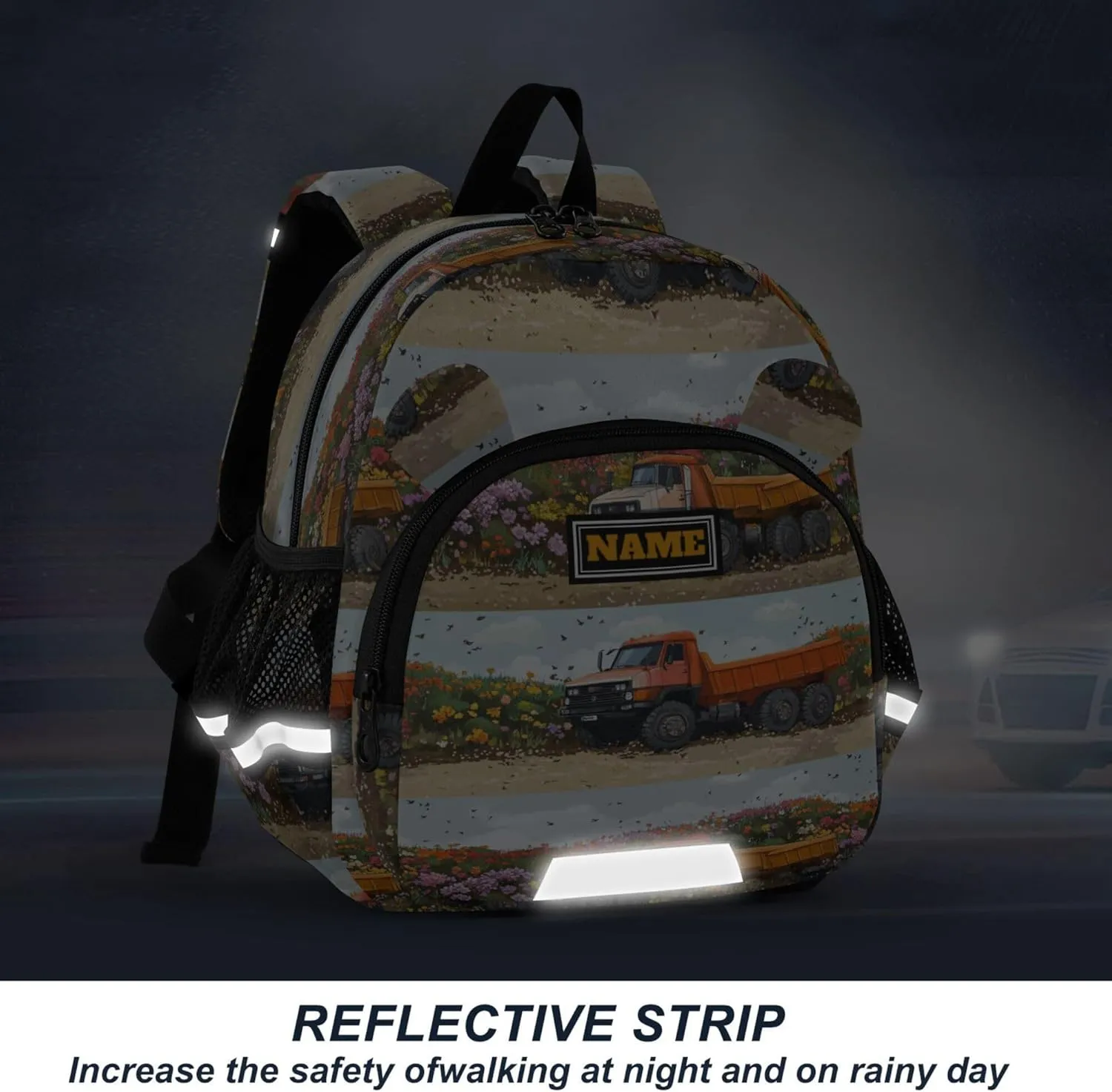 Custom Cute Ears Mini Kids Backpack Leash Cool Girls Anti-Lost Personalized Daycare Diaper Bag with Reflective Strip M Construction Truck Cartoon Dump Truck Flying Dust