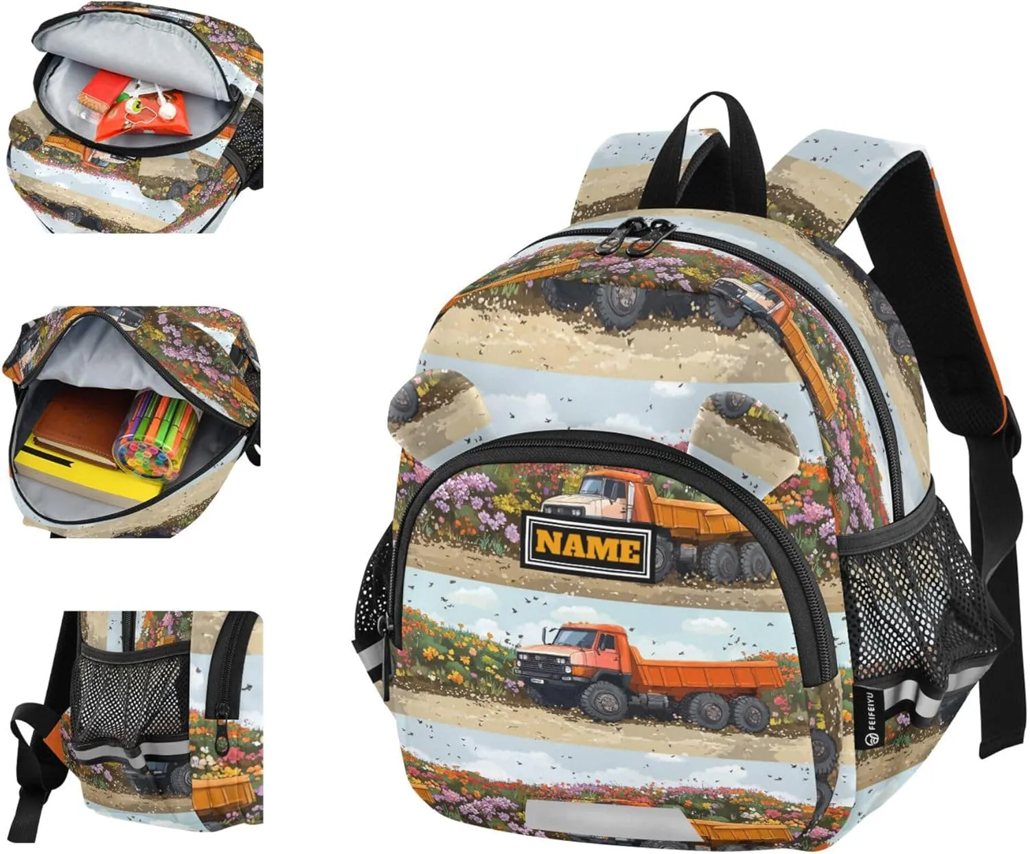 Custom Cute Ears Mini Kids Backpack Leash Cool Girls Anti-Lost Personalized Daycare Diaper Bag with Reflective Strip M Construction Truck Cartoon Dump Truck Flying Dust