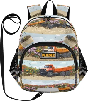 Custom Cute Ears Mini Kids Backpack Leash Cool Girls Anti-Lost Personalized Daycare Diaper Bag with Reflective Strip M Construction Truck Cartoon Dump Truck Flying Dust