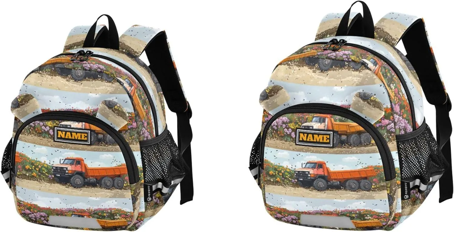Custom Cute Ears Mini Kids Backpack Leash Cool Girls Anti-Lost Personalized Daycare Diaper Bag with Reflective Strip M Construction Truck Cartoon Dump Truck Flying Dust