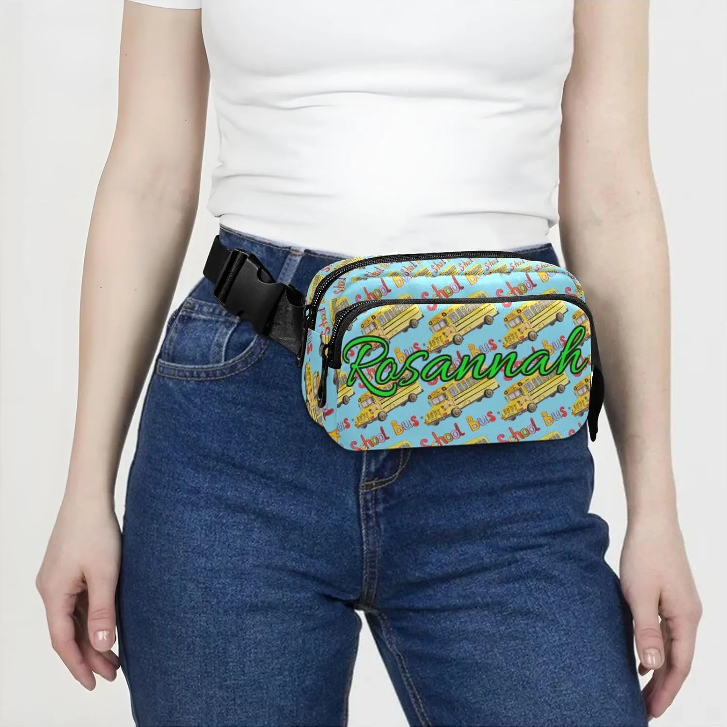 Custom Yellow School Bus Belt Bag for Women Men Fanny Pack Small Waist Pouch Crossbody Bags for Outdoor Hiking Running Travel