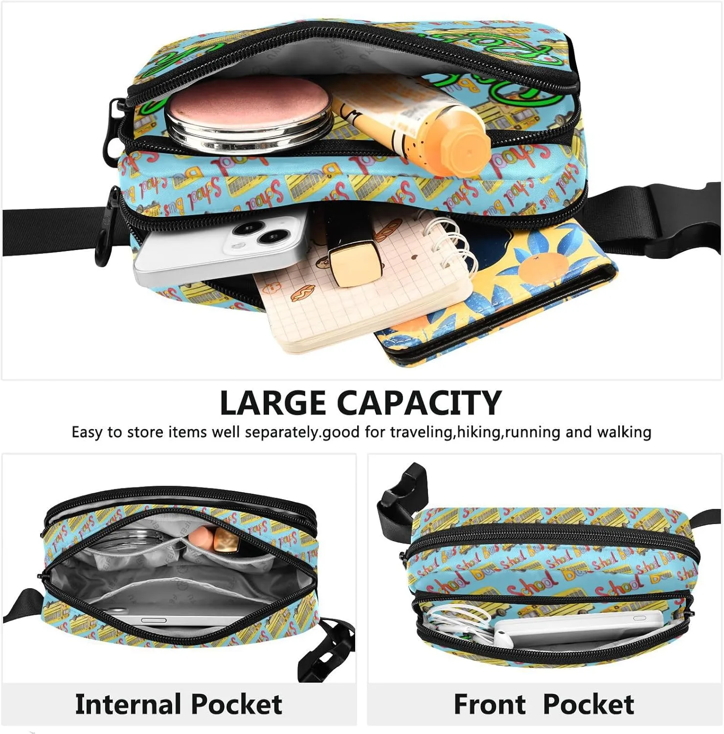 Custom Yellow School Bus Belt Bag for Women Men Fanny Pack Small Waist Pouch Crossbody Bags for Outdoor Hiking Running Travel