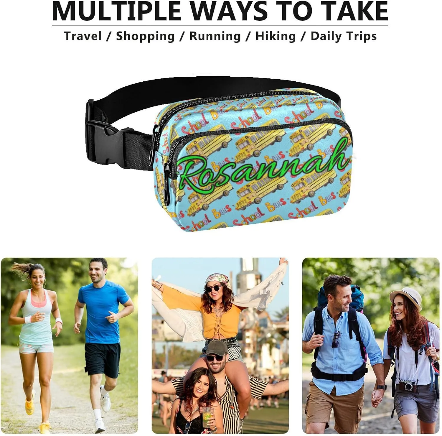 Custom Yellow School Bus Belt Bag for Women Men Fanny Pack Small Waist Pouch Crossbody Bags for Outdoor Hiking Running Travel
