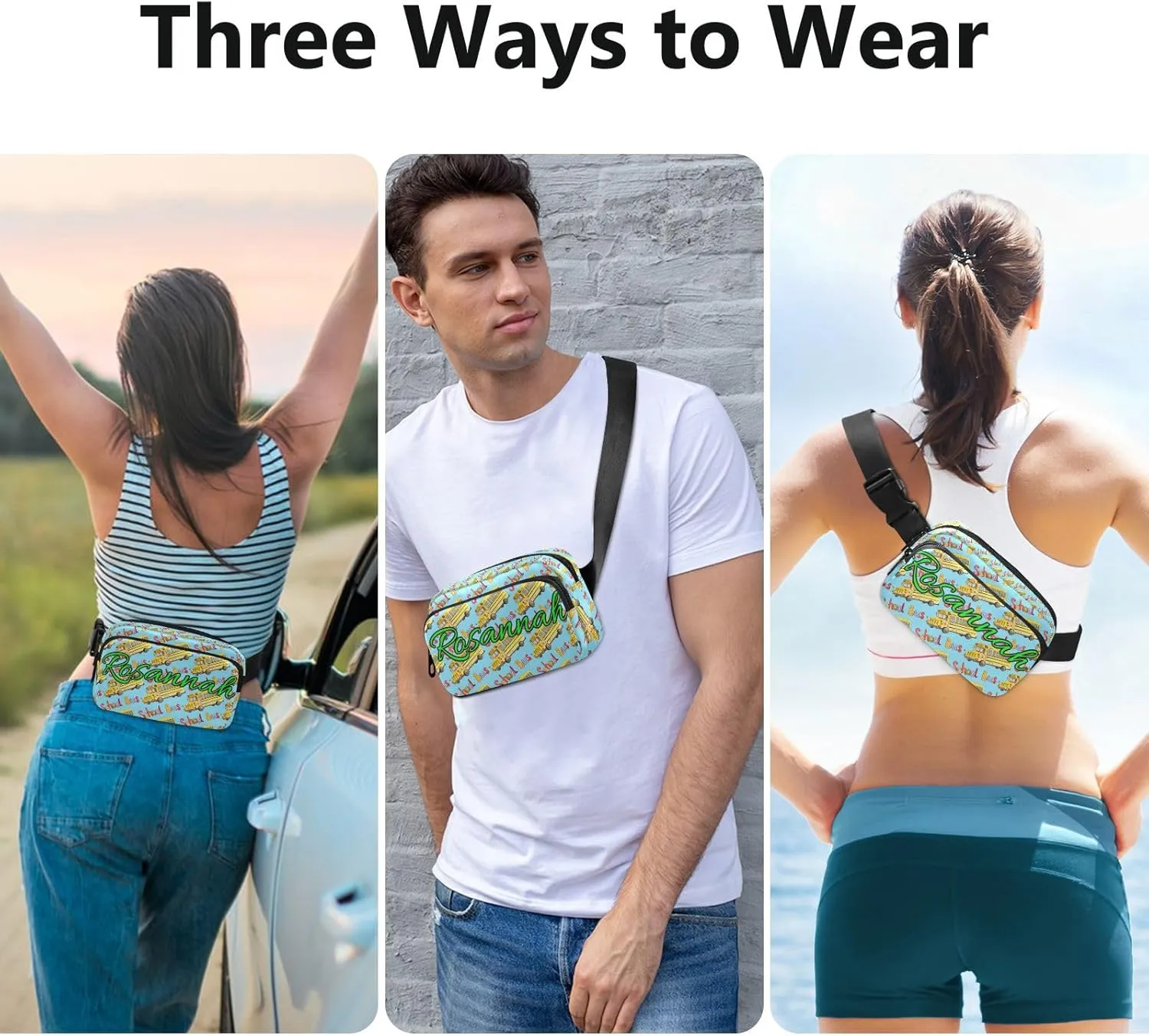 Custom Yellow School Bus Belt Bag for Women Men Fanny Pack Small Waist Pouch Crossbody Bags for Outdoor Hiking Running Travel