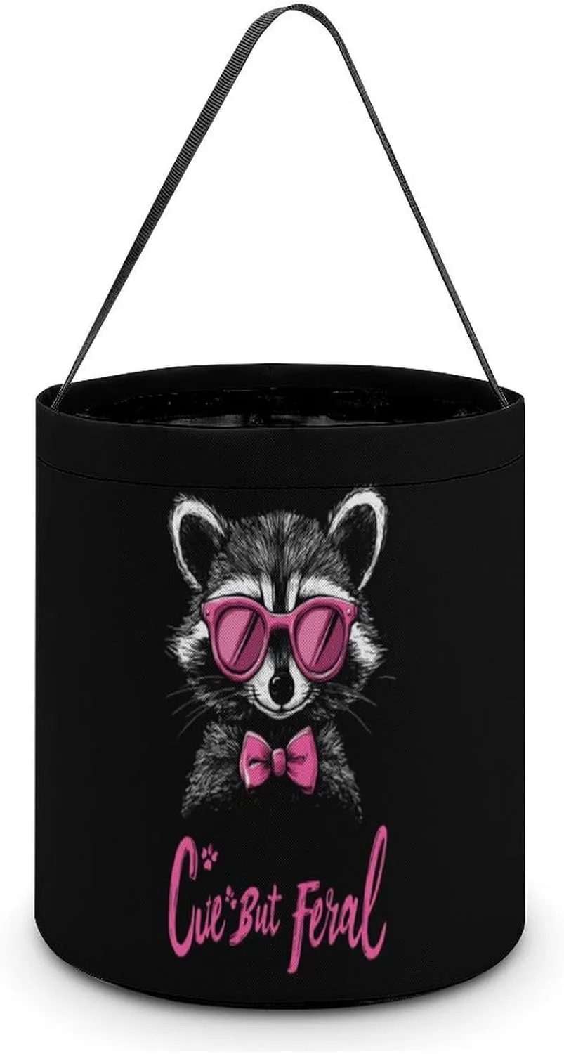 Cute But Feral Racoon With Eyeglasses Halloween Candy Bag Candy Tote Bucket Gift Bags Party Supplies for Women Men