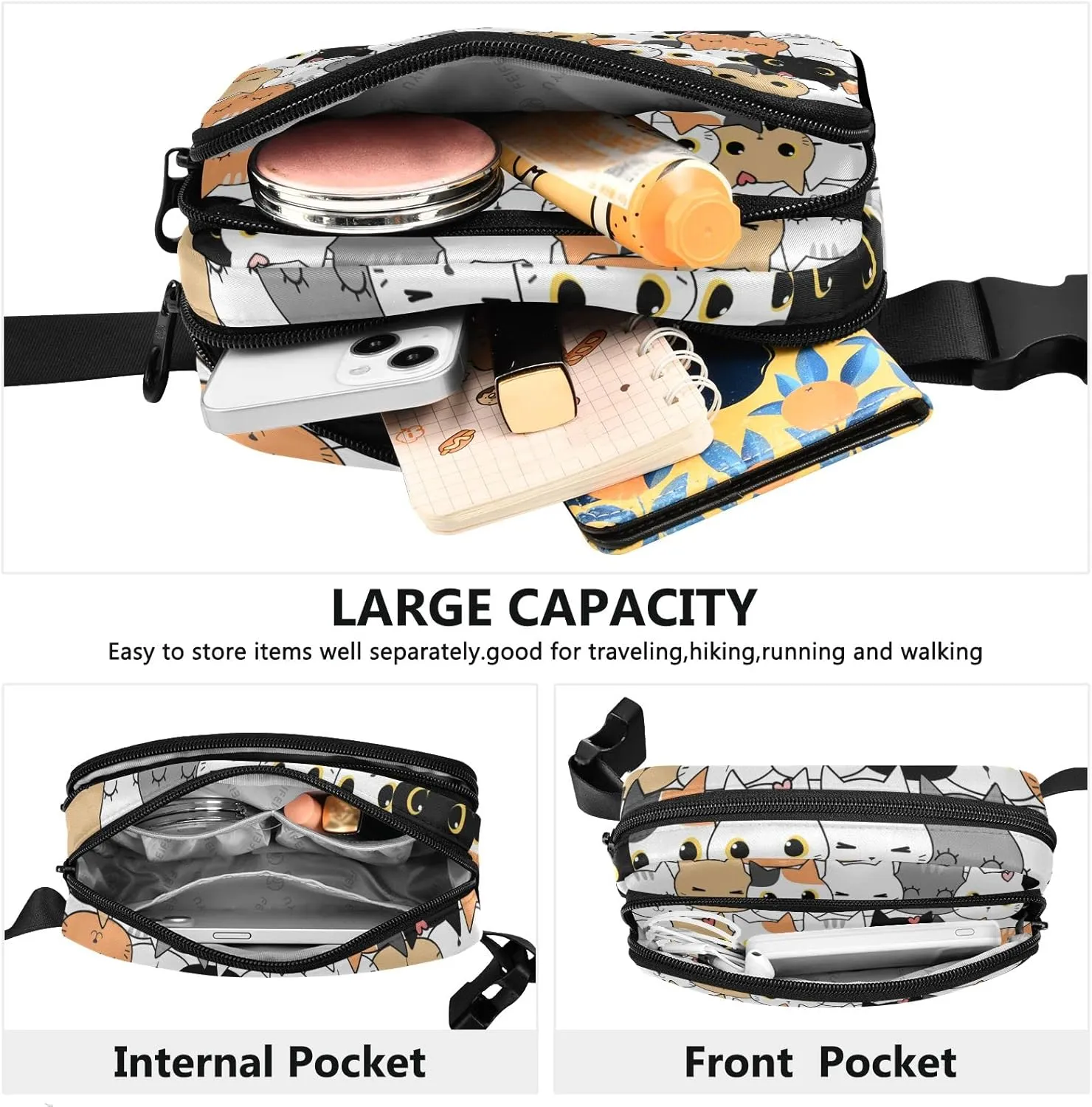 Cute Cat Kitten Cartoon Fanny Pack for Women Men Crossbody Belt Bag Fashion Waist Packs Purse with Adjustable Strap Waist Pouch for Outdoors Shopping Traveling