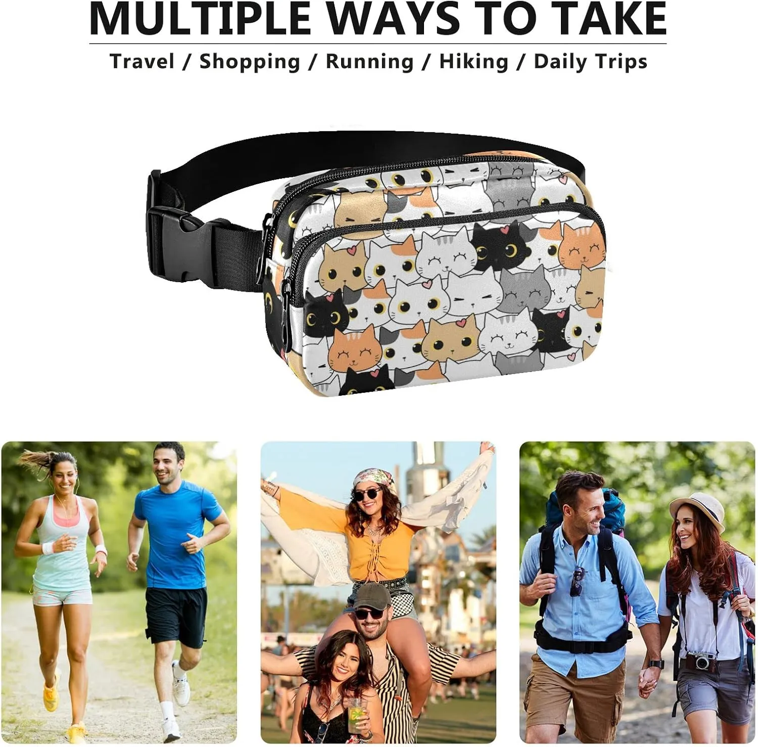 Cute Cat Kitten Cartoon Fanny Pack for Women Men Crossbody Belt Bag Fashion Waist Packs Purse with Adjustable Strap Waist Pouch for Outdoors Shopping Traveling