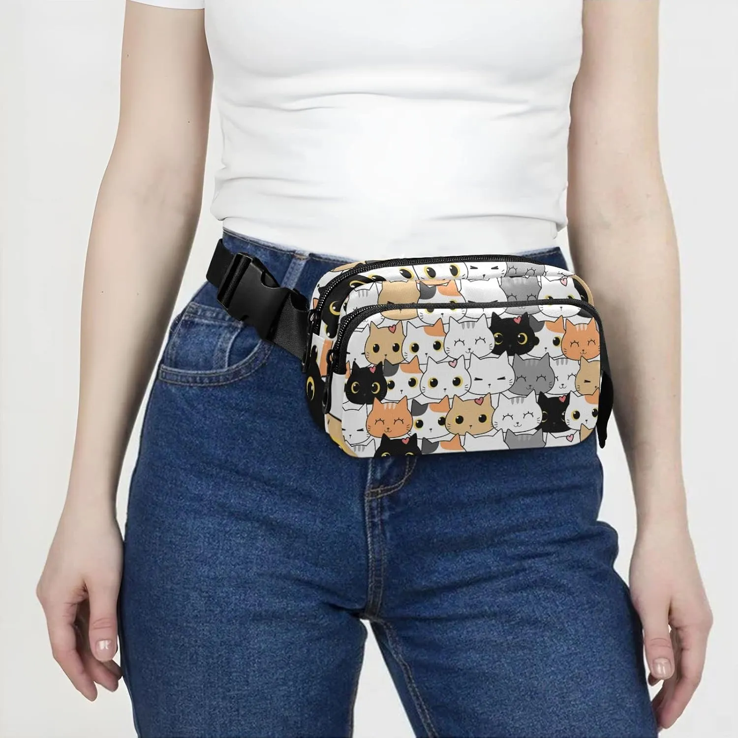 Cute Cat Kitten Cartoon Fanny Pack for Women Men Crossbody Belt Bag Fashion Waist Packs Purse with Adjustable Strap Waist Pouch for Outdoors Shopping Traveling