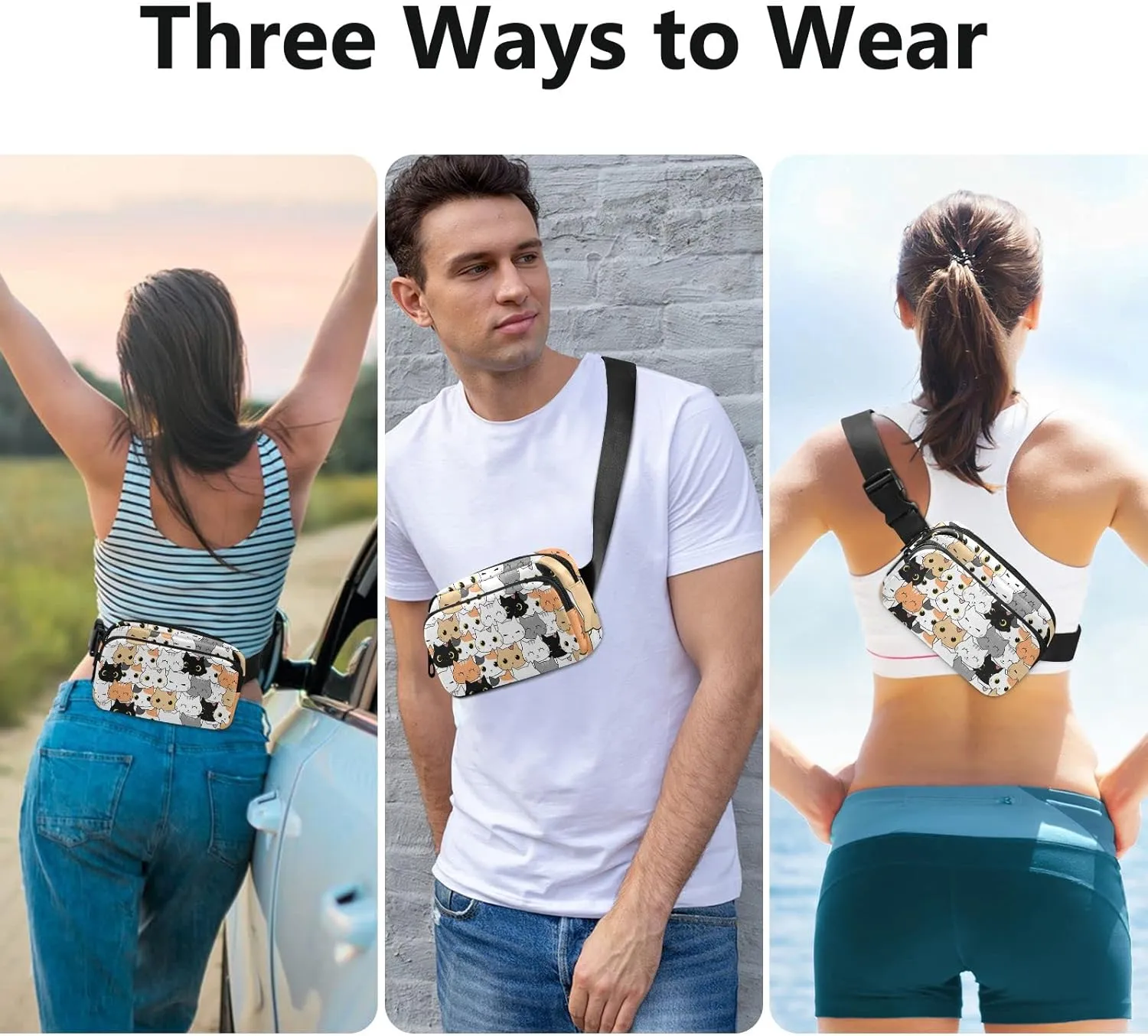Cute Cat Kitten Cartoon Fanny Pack for Women Men Crossbody Belt Bag Fashion Waist Packs Purse with Adjustable Strap Waist Pouch for Outdoors Shopping Traveling