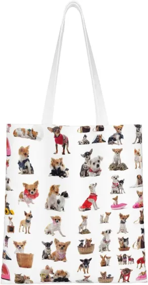 Cute Chihuahua Pug Pattern Print Totes, Portable Beach Bag,Reusable Grocery Bags Foldable Shopping With Handlesbags