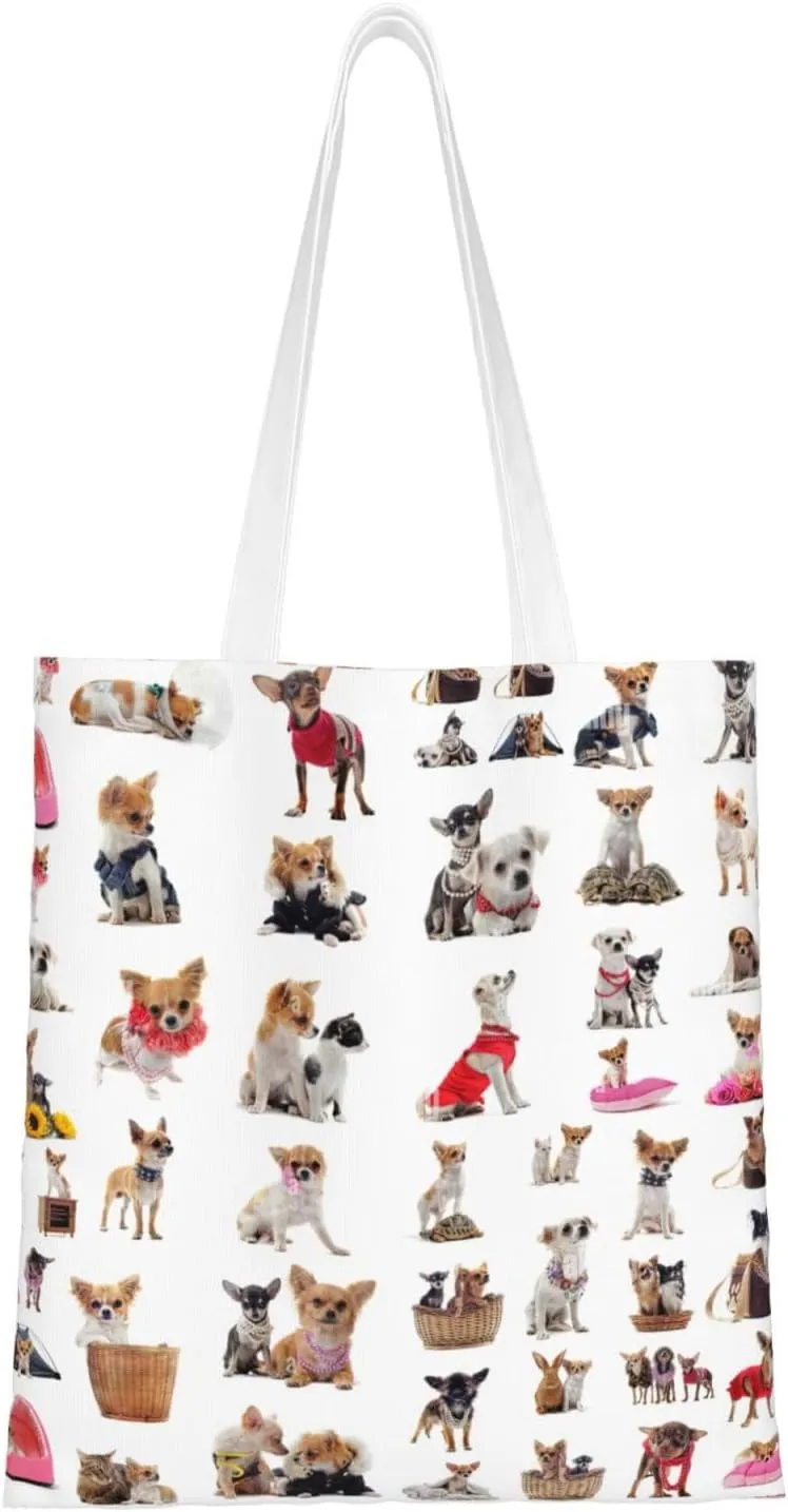 Cute Chihuahua Pug Pattern Print Totes, Portable Beach Bag,Reusable Grocery Bags Foldable Shopping With Handlesbags