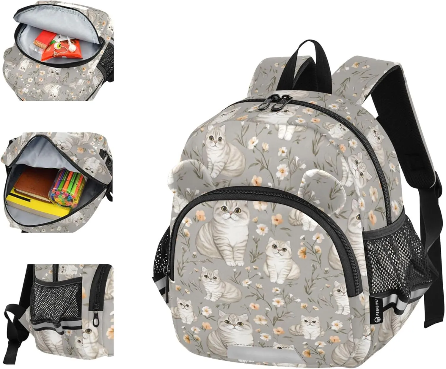 Cute Ears Kids Backpacks Leash Kids Boy's/Girl's Anti-Lost Personalized School Backpack with Reflective Strip S Cute Scottish Fold Cats Gray