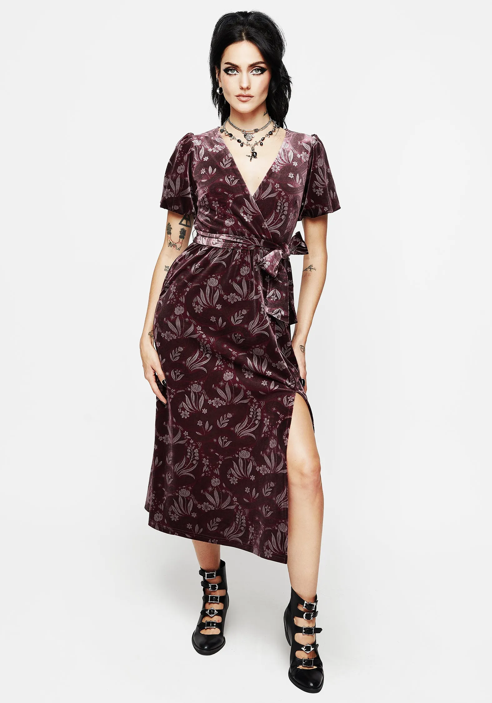 Deception Snake Foil Print Velour Midi Wrap Dress