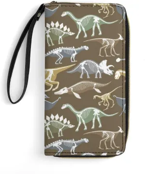 Dinosaurs Skeletons Womens Wallet Zippered Long Clutch Purse Leather Handbag with Wristlet Strap