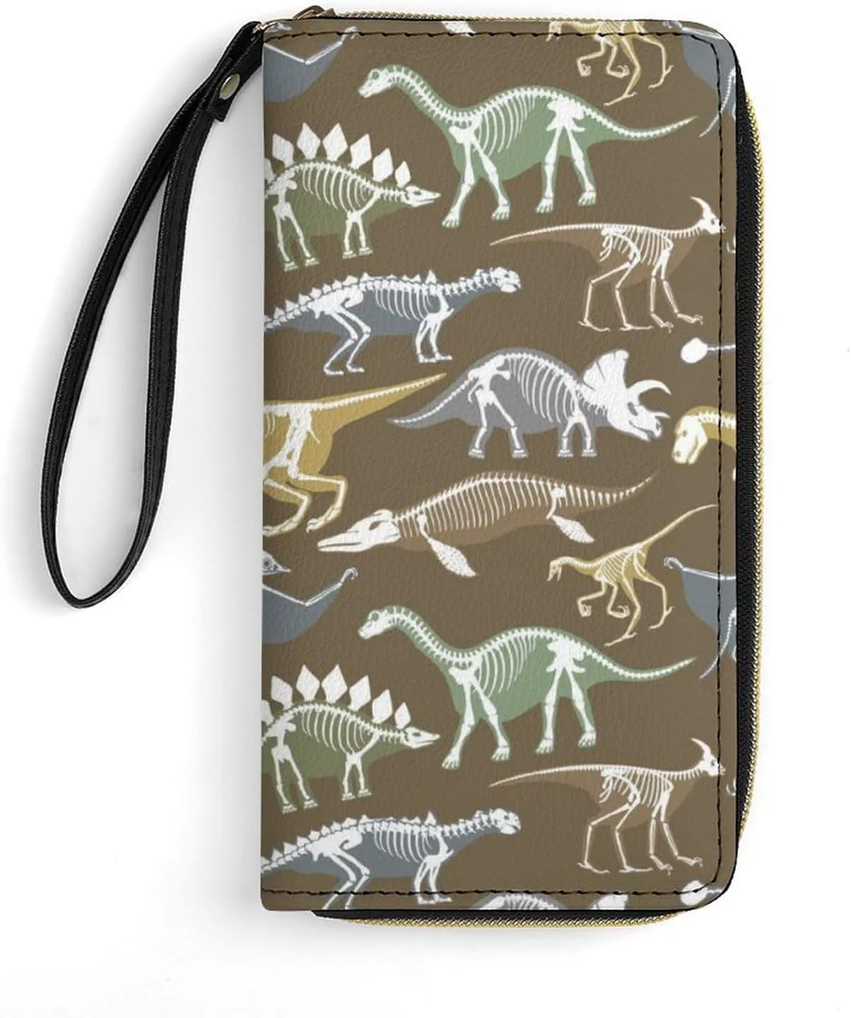 Dinosaurs Skeletons Womens Wallet Zippered Long Clutch Purse Leather Handbag with Wristlet Strap