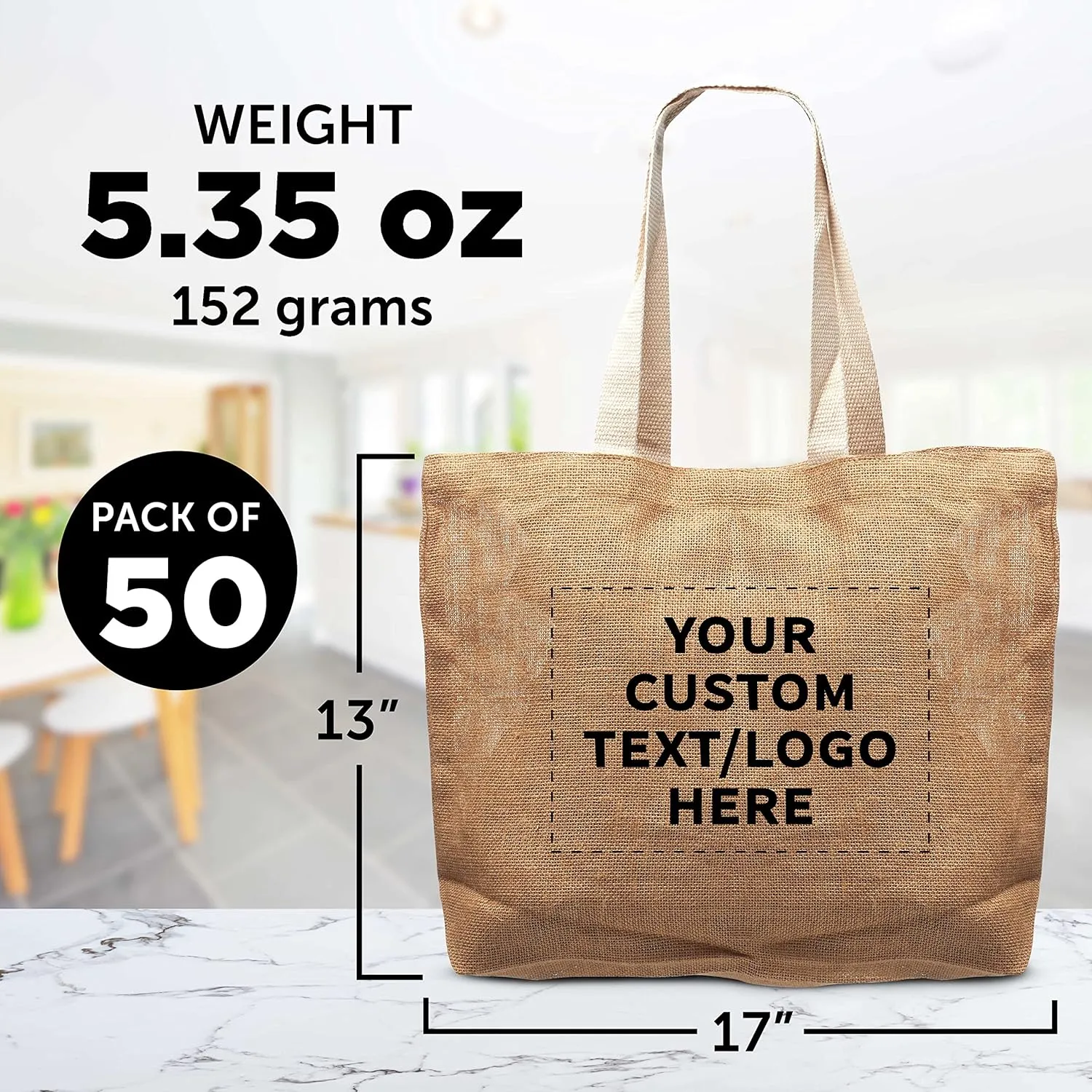 DISCOUNT PROMOS 50 Natural Jute Fiber Carry-On Tote Bags Set - Customizable Text, Logo - Convenient, Webbing Handle, Everyday Use - Natural