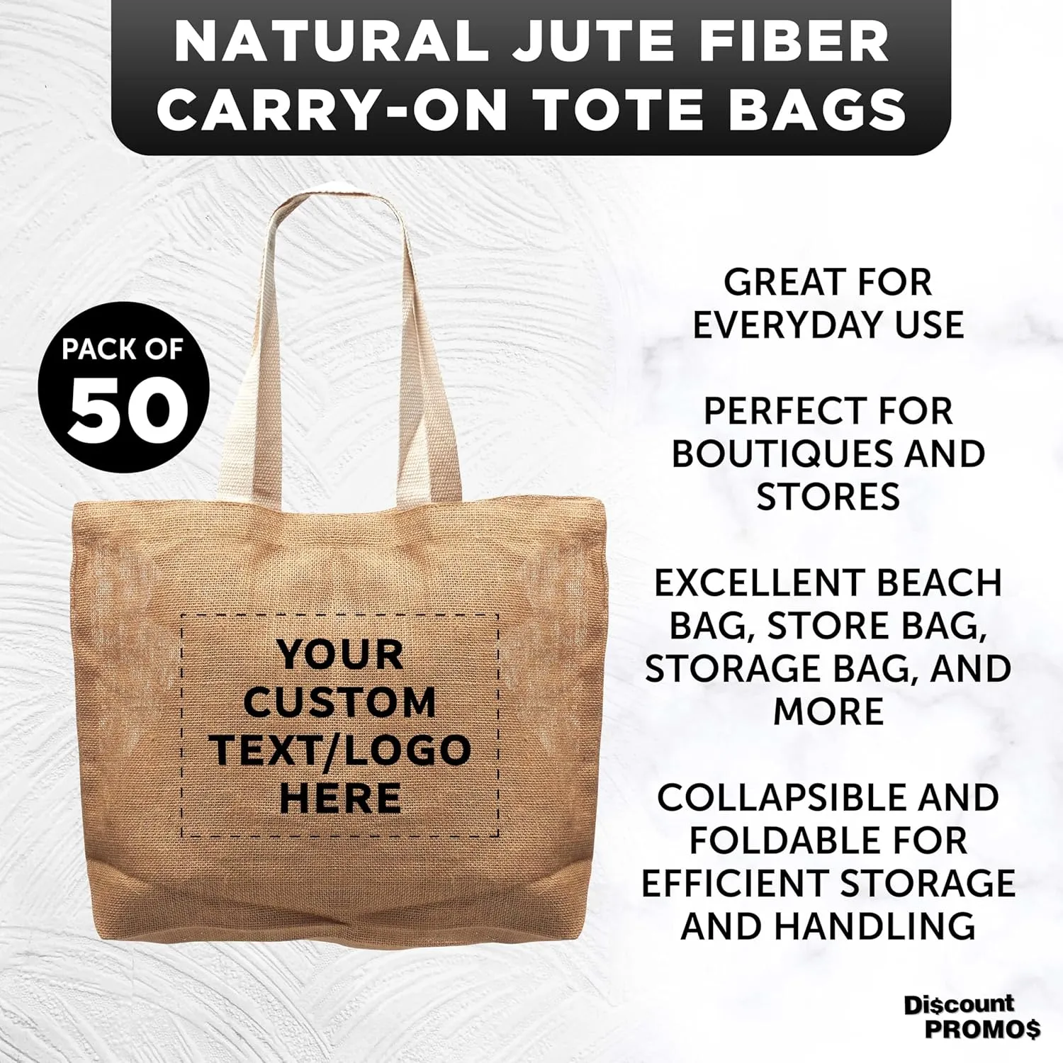 DISCOUNT PROMOS 50 Natural Jute Fiber Carry-On Tote Bags Set - Customizable Text, Logo - Convenient, Webbing Handle, Everyday Use - Natural