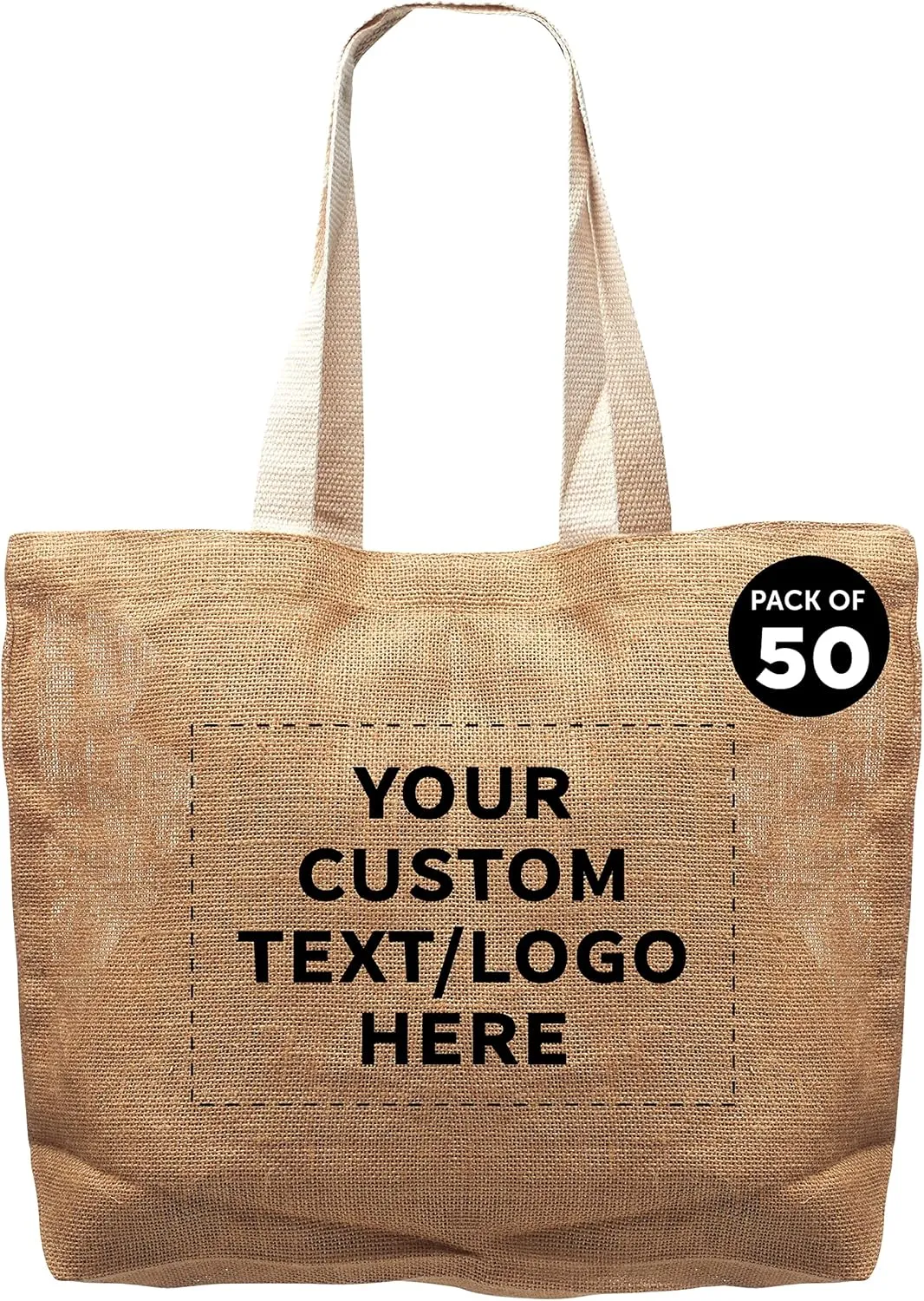 DISCOUNT PROMOS 50 Natural Jute Fiber Carry-On Tote Bags Set - Customizable Text, Logo - Convenient, Webbing Handle, Everyday Use - Natural