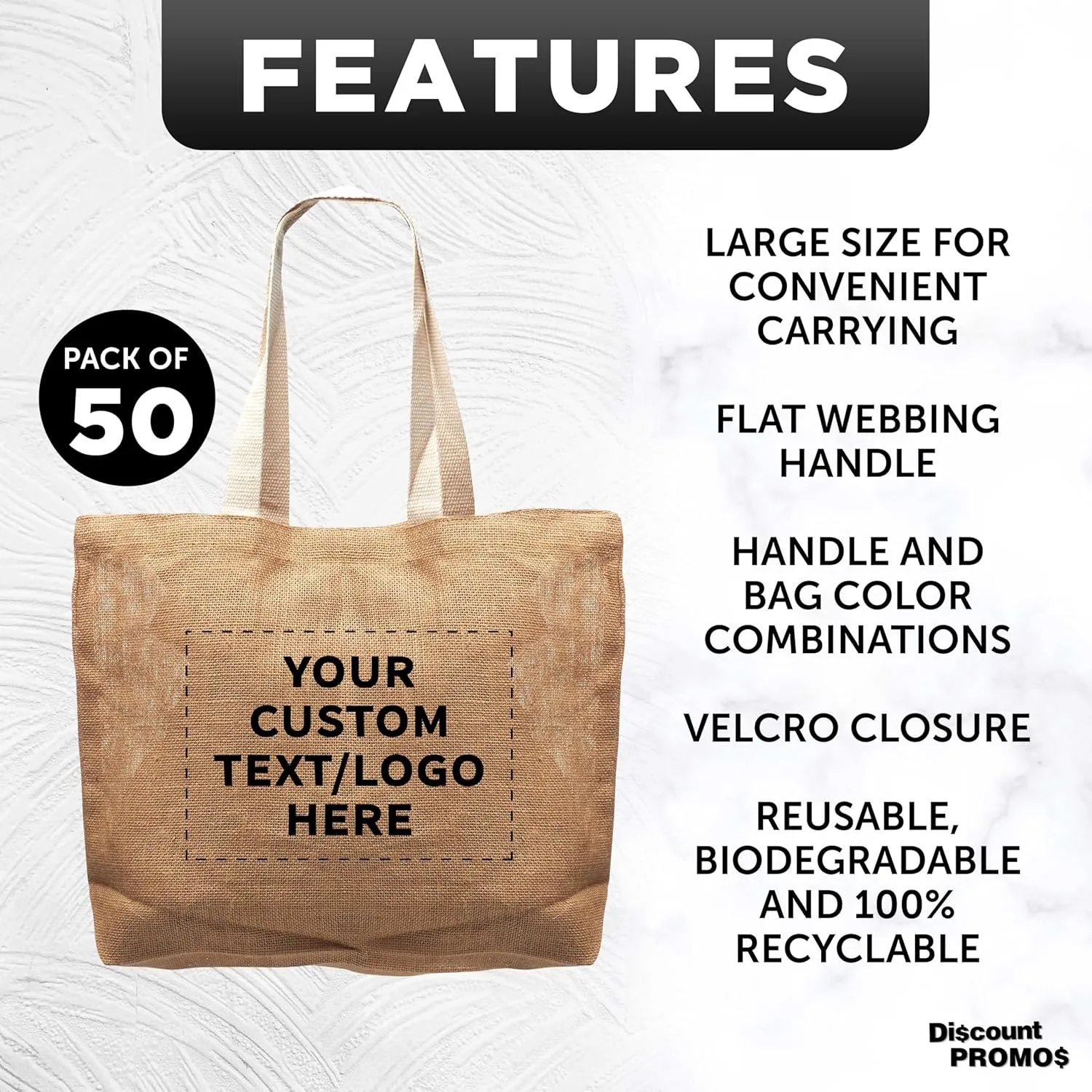 DISCOUNT PROMOS 50 Natural Jute Fiber Carry-On Tote Bags Set - Customizable Text, Logo - Convenient, Webbing Handle, Everyday Use - Natural