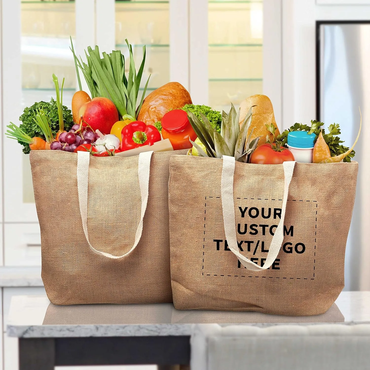 DISCOUNT PROMOS 50 Natural Jute Fiber Carry-On Tote Bags Set - Customizable Text, Logo - Convenient, Webbing Handle, Everyday Use - Natural