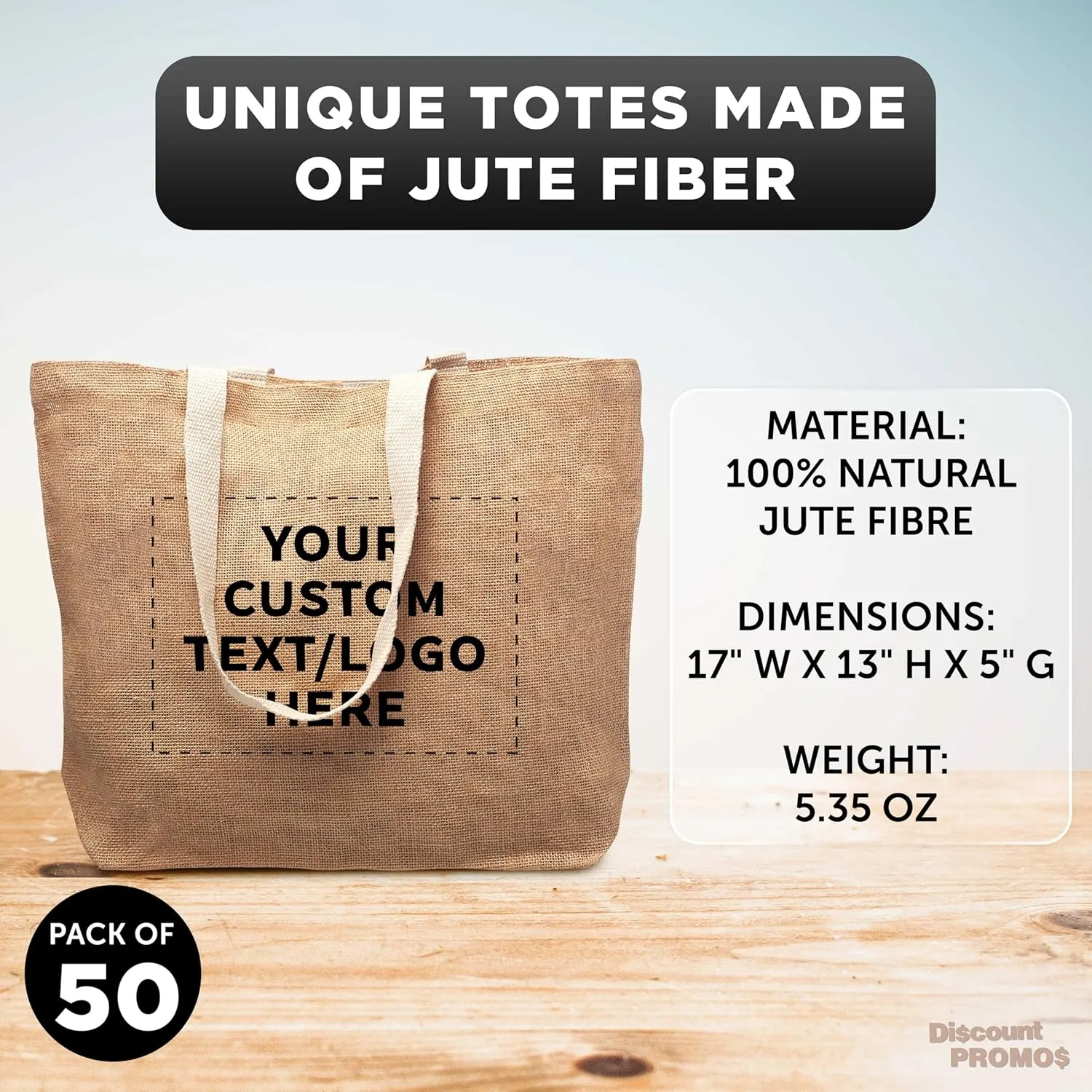 DISCOUNT PROMOS 50 Natural Jute Fiber Carry-On Tote Bags Set - Customizable Text, Logo - Convenient, Webbing Handle, Everyday Use - Natural