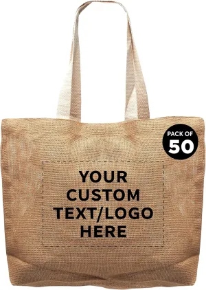 DISCOUNT PROMOS 50 Natural Jute Fiber Carry-On Tote Bags Set - Customizable Text, Logo - Convenient, Webbing Handle, Everyday Use - Natural